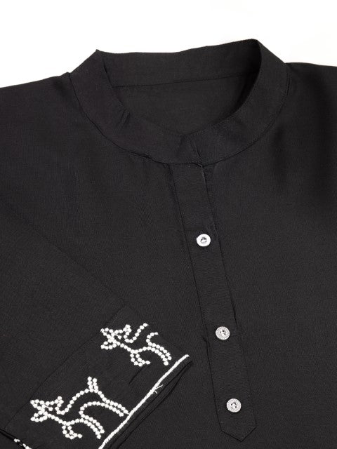 Black Vicose Rayon Kurta Pant With Thread Embroidery Work