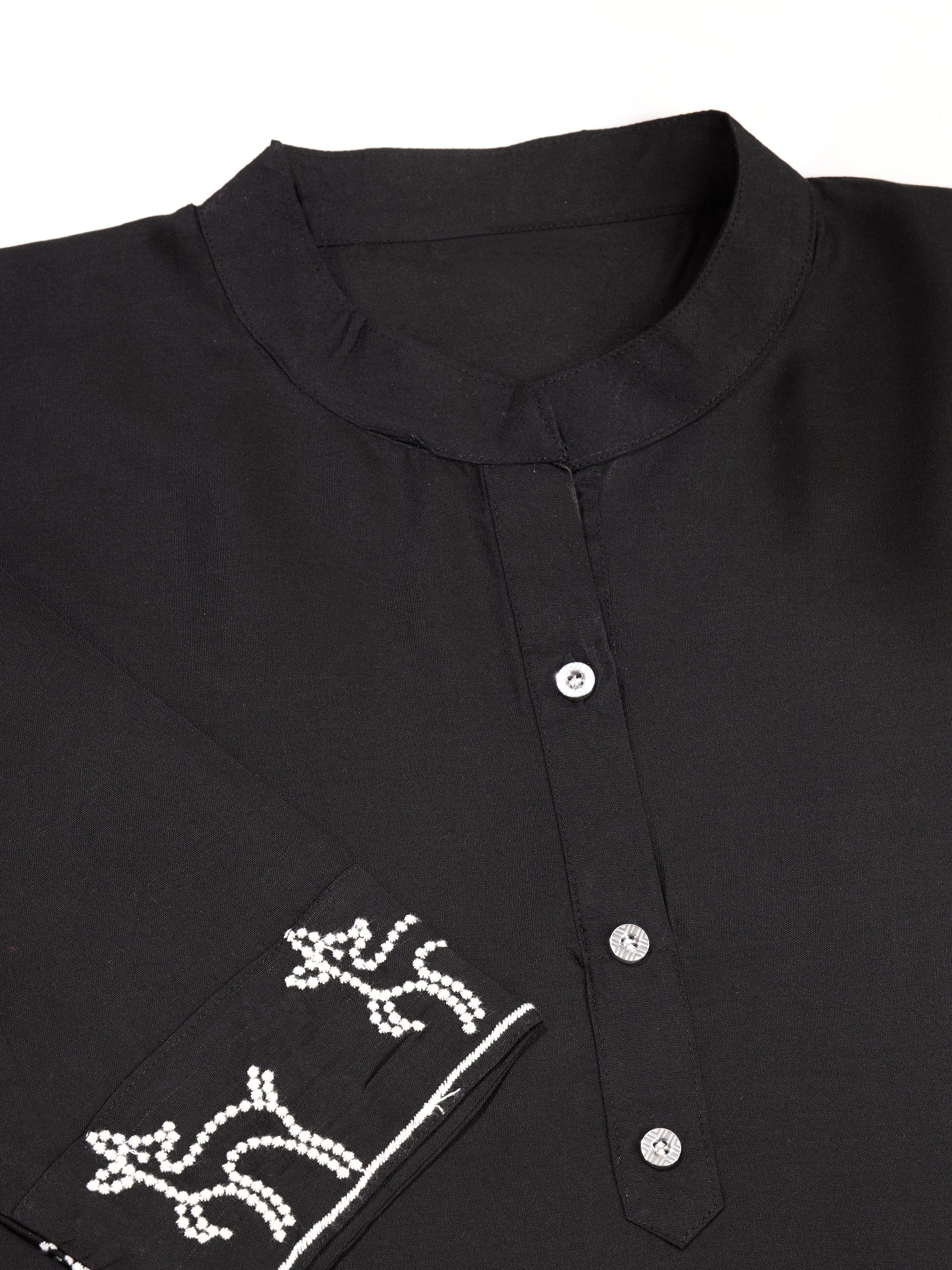 Black Vicose Rayon Kurta Pant With Thread Embroidery Work