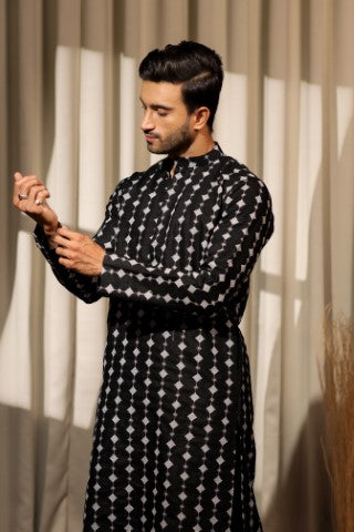 Black Viscose Designer Embroidered Ethnic Ceremonial Kurta Pajama