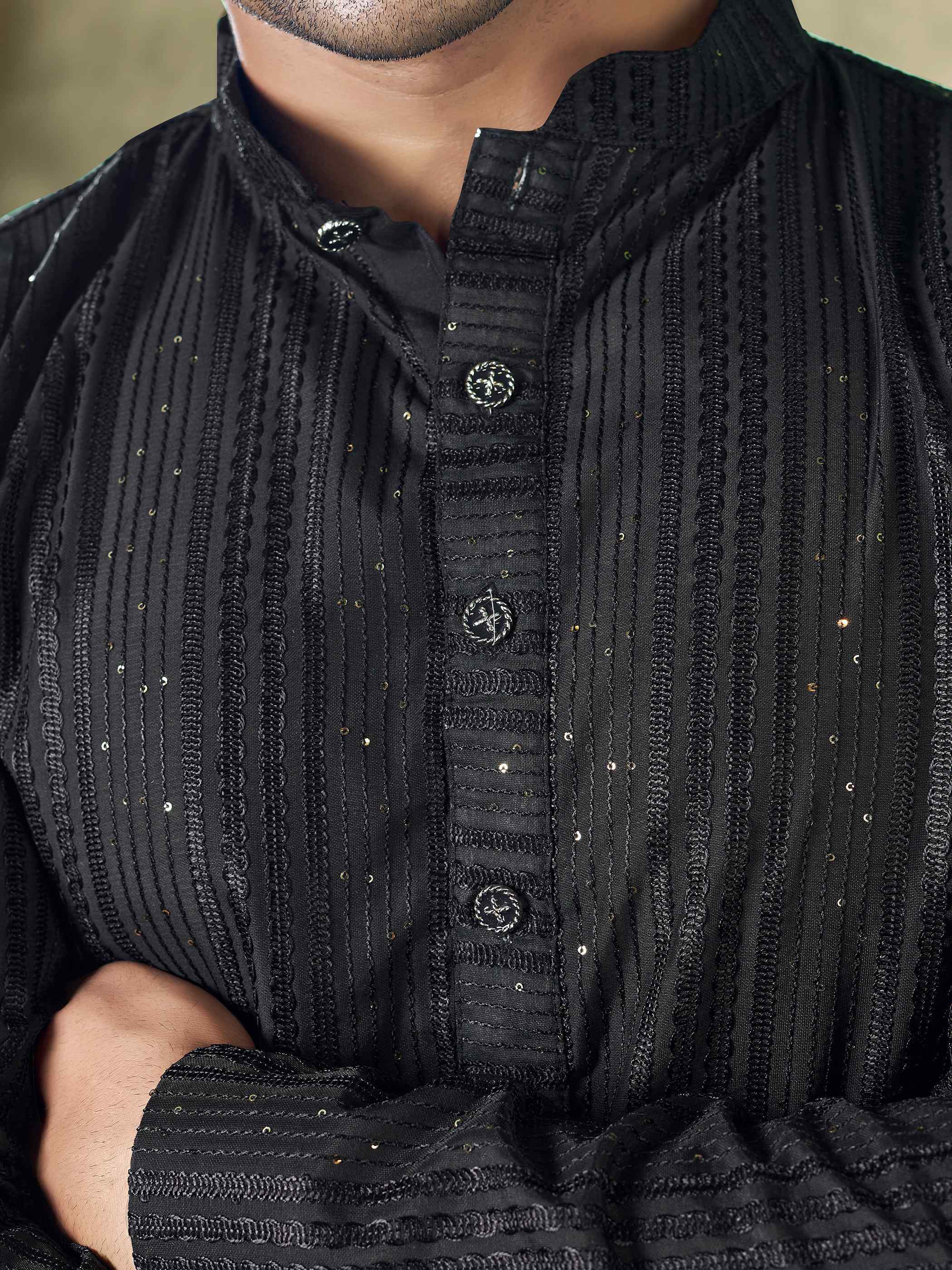 Black Viscose Kurta Payjama with Sequins Detailing – Classic and Bold