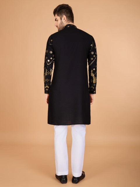 Black Viscose Rayon Thread & Sequins Embroidery Ceremonial Kurta