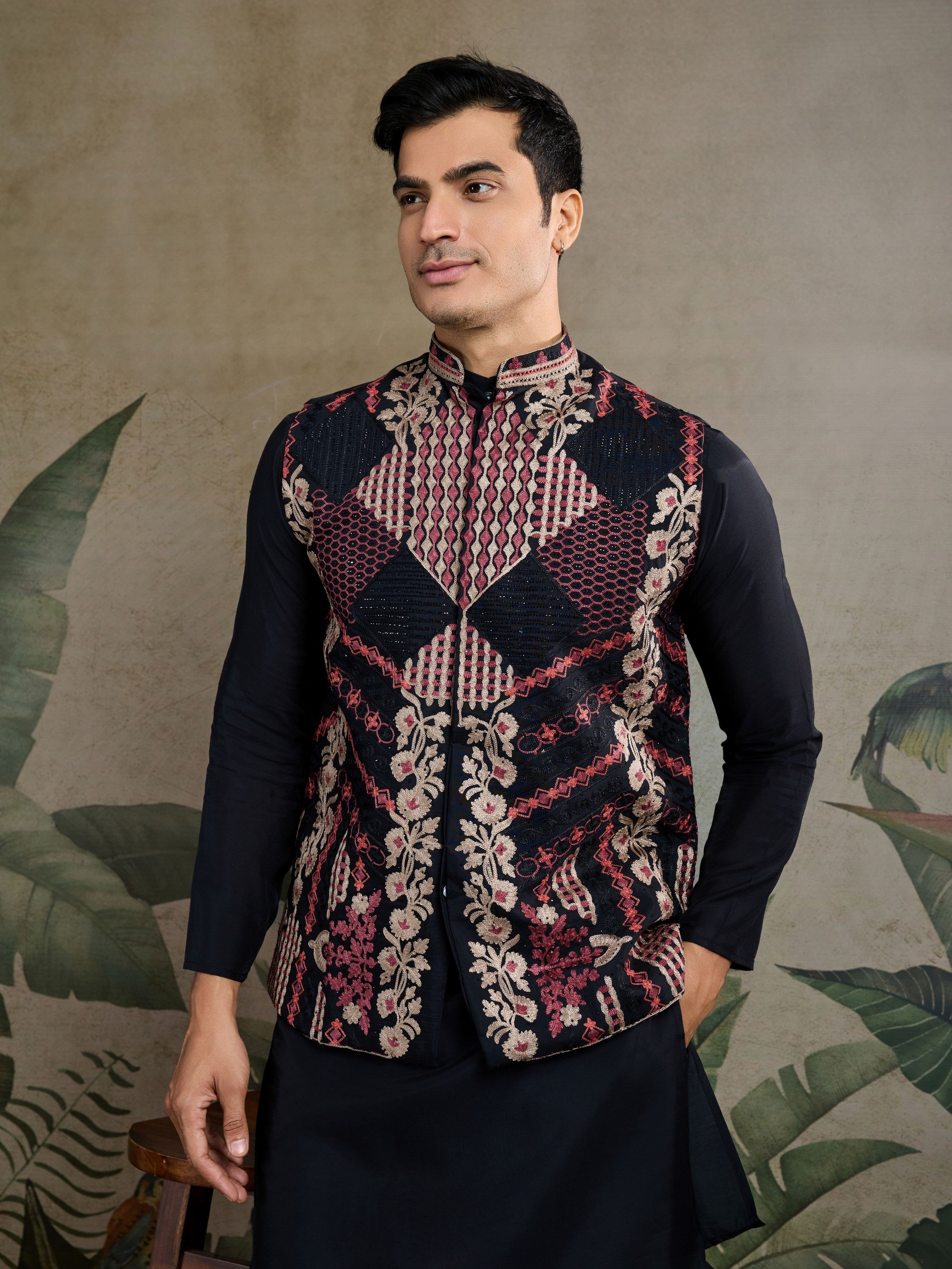 Black Viscose Silk Kurta with Swarovski Embroidery Jacket