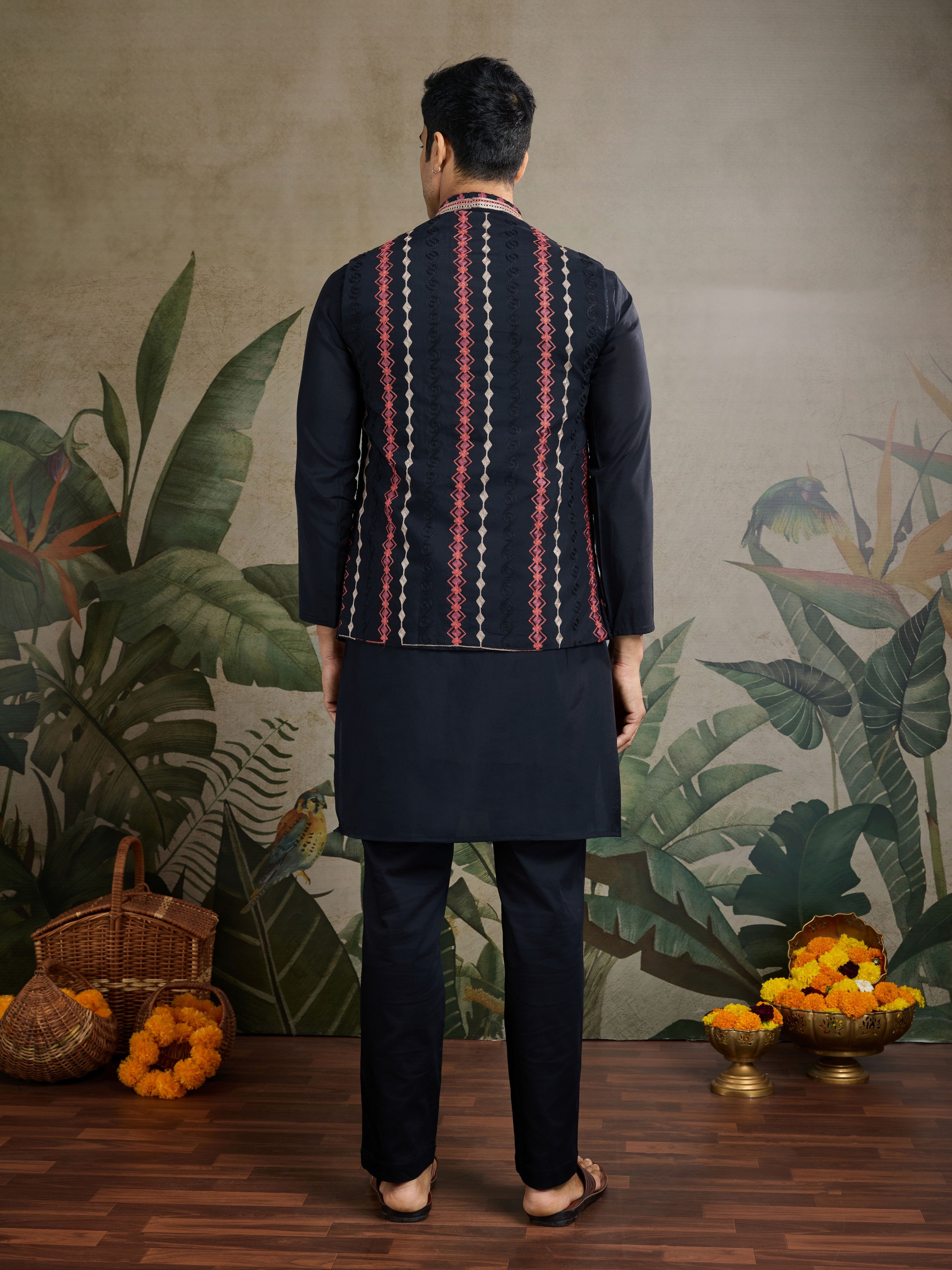 Black Viscose Silk Kurta with Swarovski Embroidery Jacket