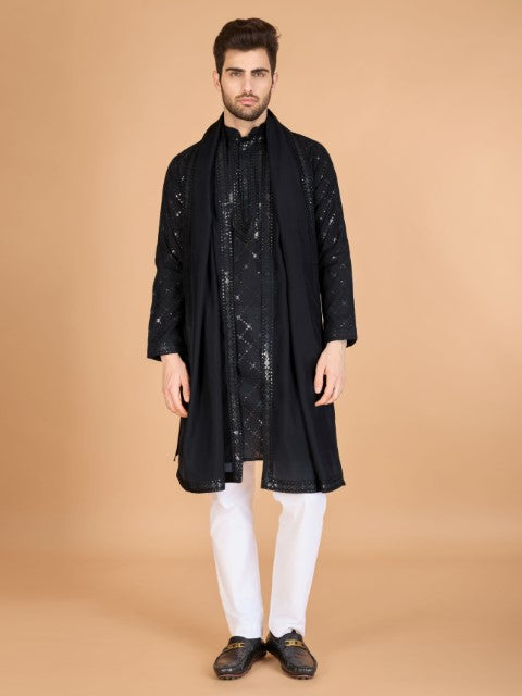 Black Viscose Silk Thread & Sequins Kurta with Dupatta