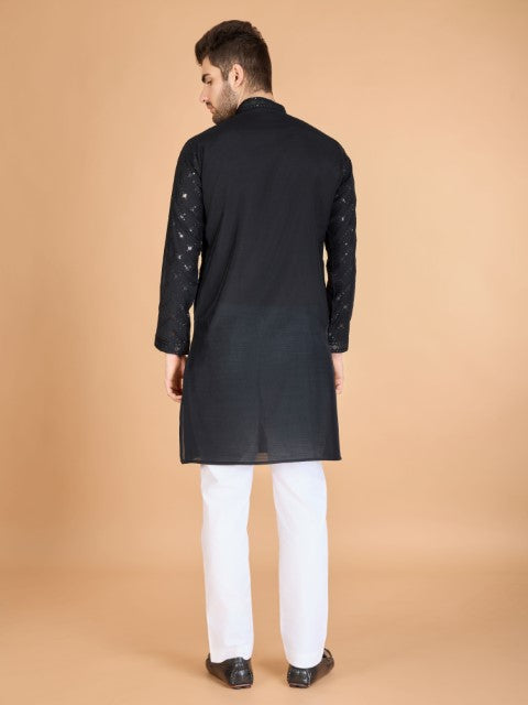 Black Viscose Silk Thread & Sequins Kurta with Dupatta