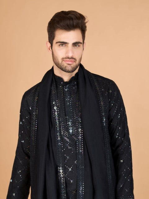 Black Viscose Silk Thread & Sequins Kurta with Dupatta