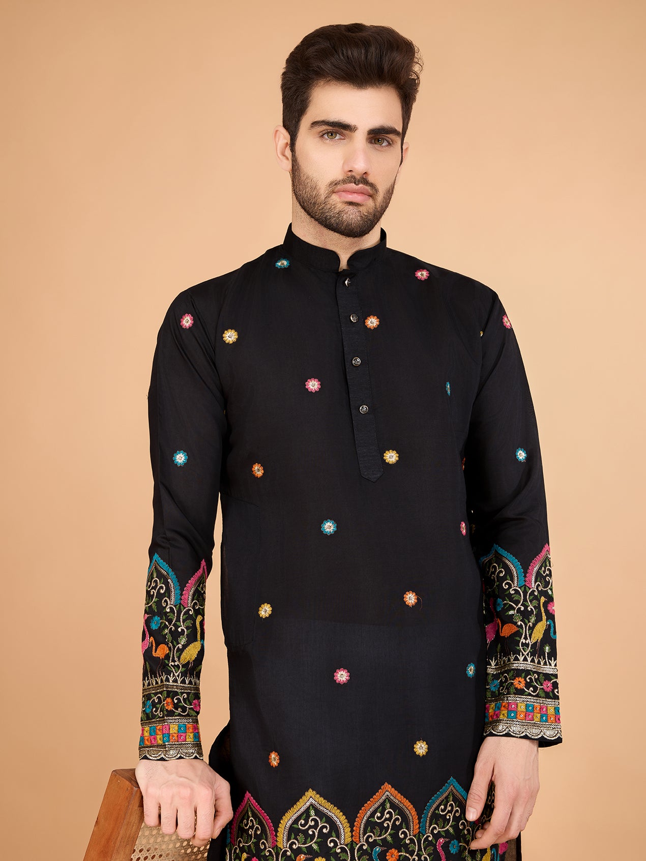 Black Viscose Silk Traditional Kurta for Ceremonial Look