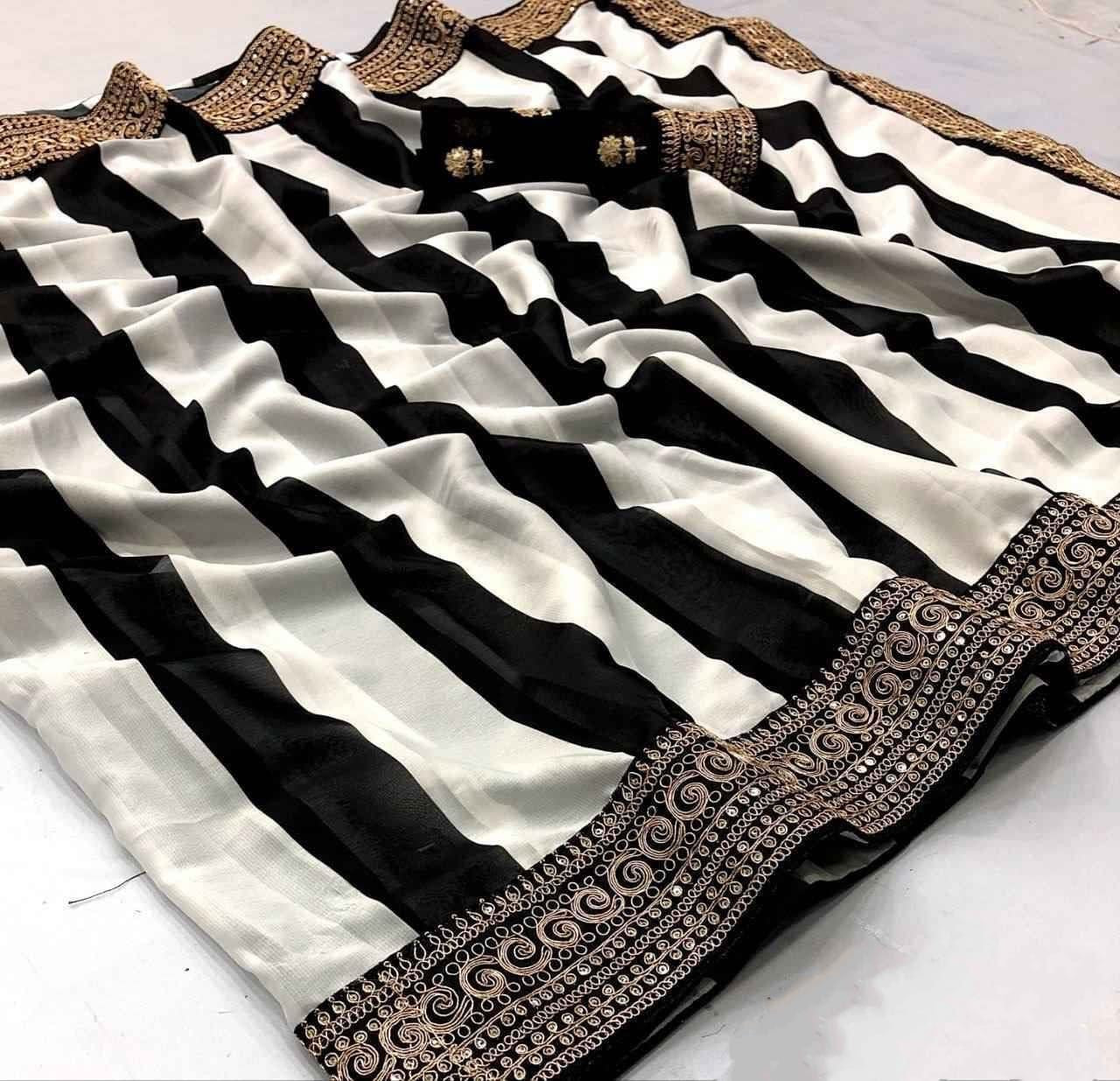 Black White Georgette Saree With Printed Design