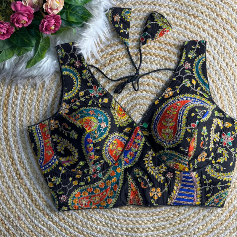 Black Womens Designer Heavy Work Saree Blouse Pure Crepe Partywear Readymade Blouse