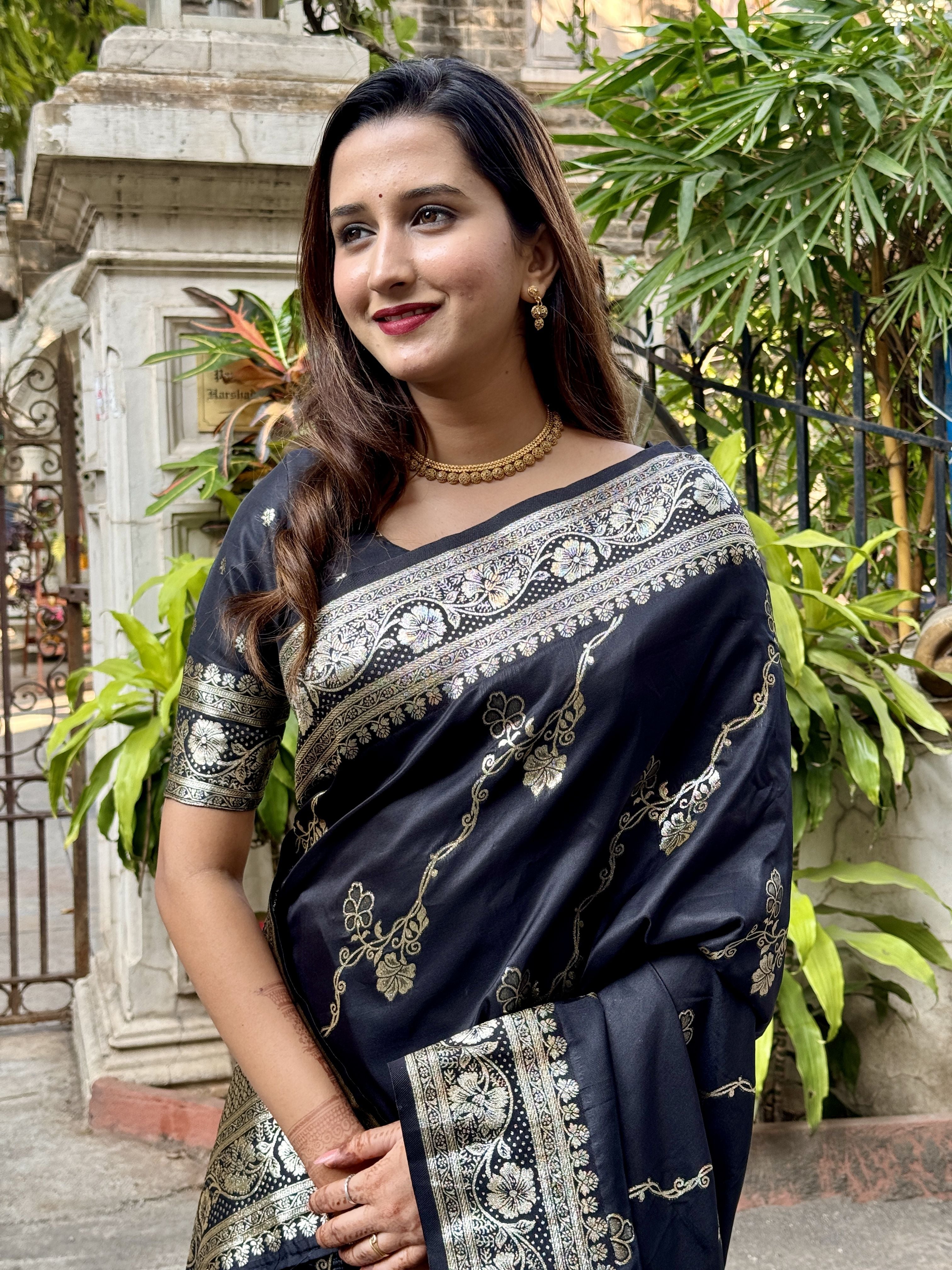 Black Woven Jacquard Jari Designer Banarasi Silk Festive Ceremonial Saree