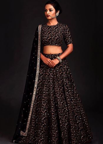 Black Zari Embroidered Silk Bridal Lehenga Choli