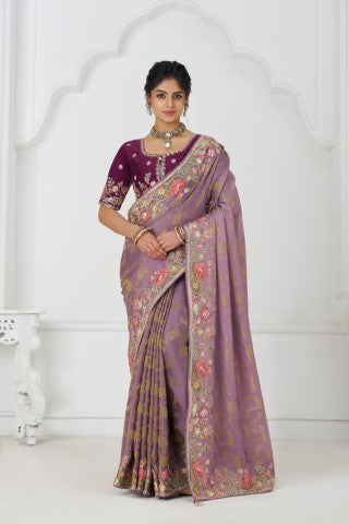 Bloom In Style: Mauve With Vibrant Thread Work & Floral Motifs