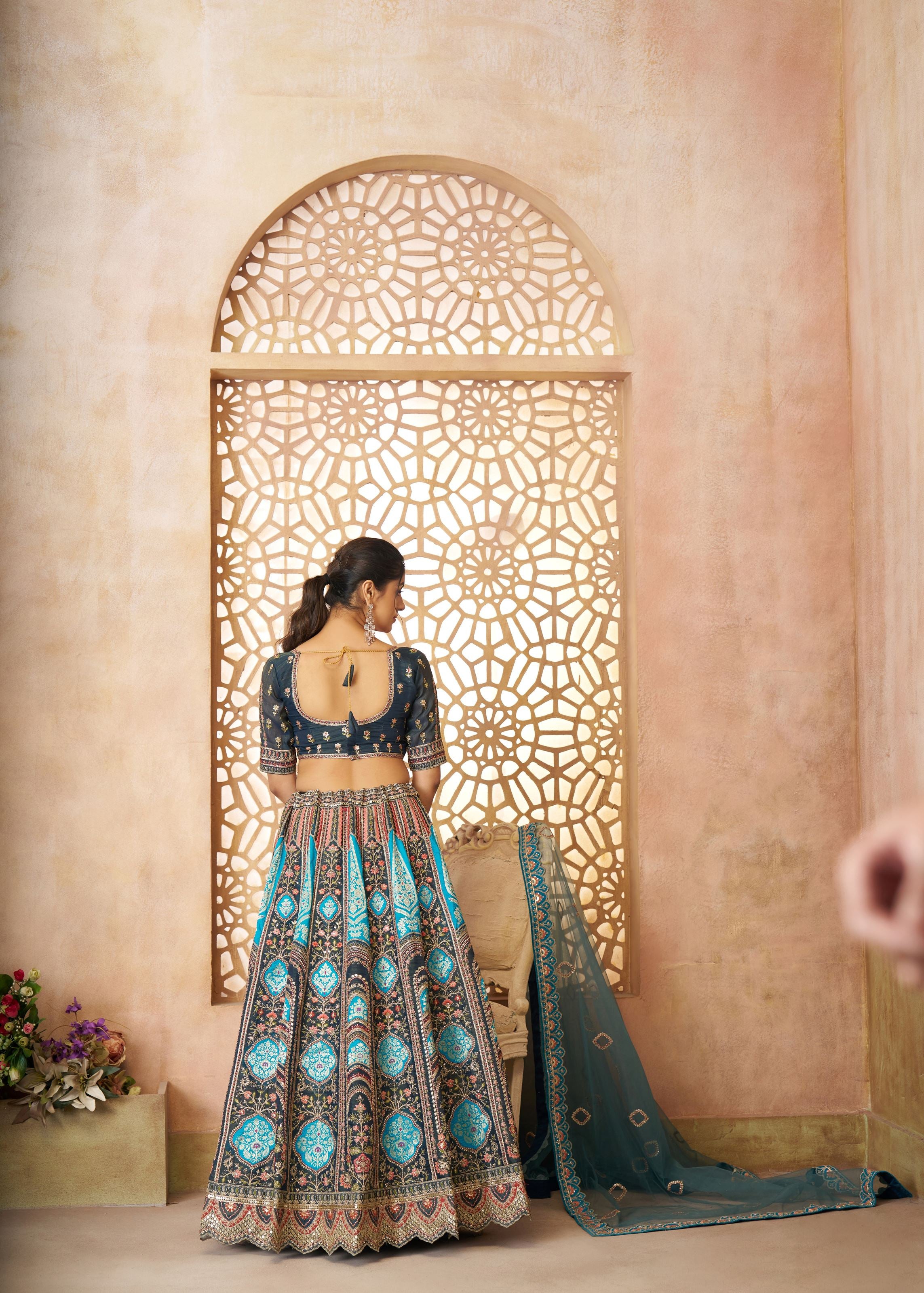 Blue Aari Embroidered Banarasi Lehenga For Brides