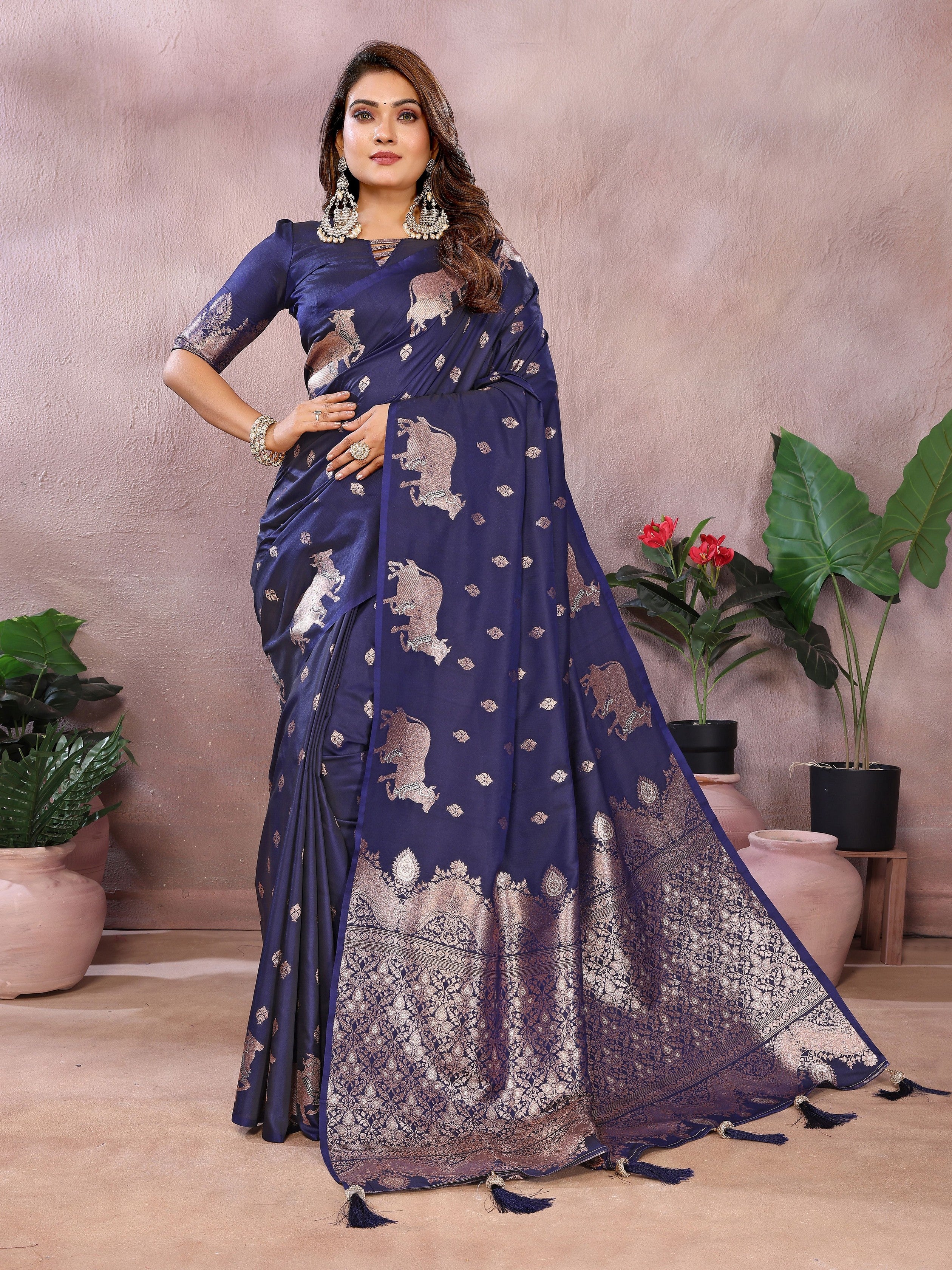 Blue Banarasi Silk Jacquard Weaving Designer Ceremonial Saree