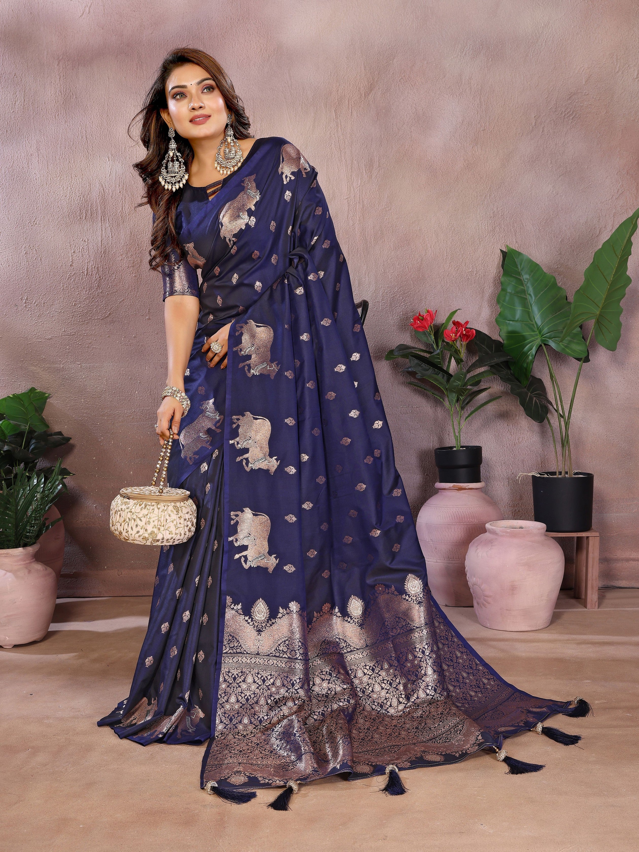 Blue Banarasi Silk Jacquard Weaving Designer Ceremonial Saree