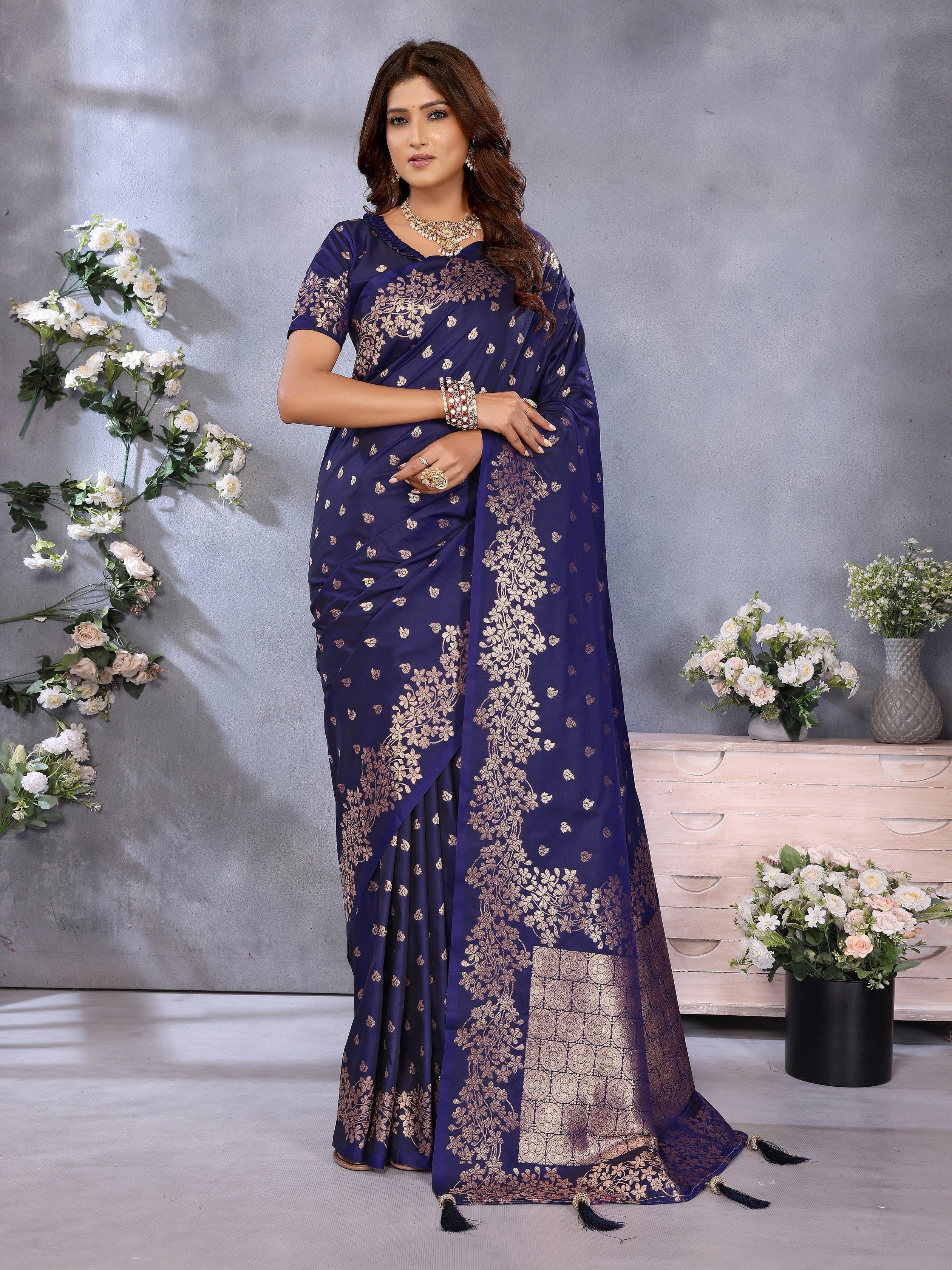 Blue Banarasi Silk Jacquard Weving Designer Floral Ceremonial Festive Saree