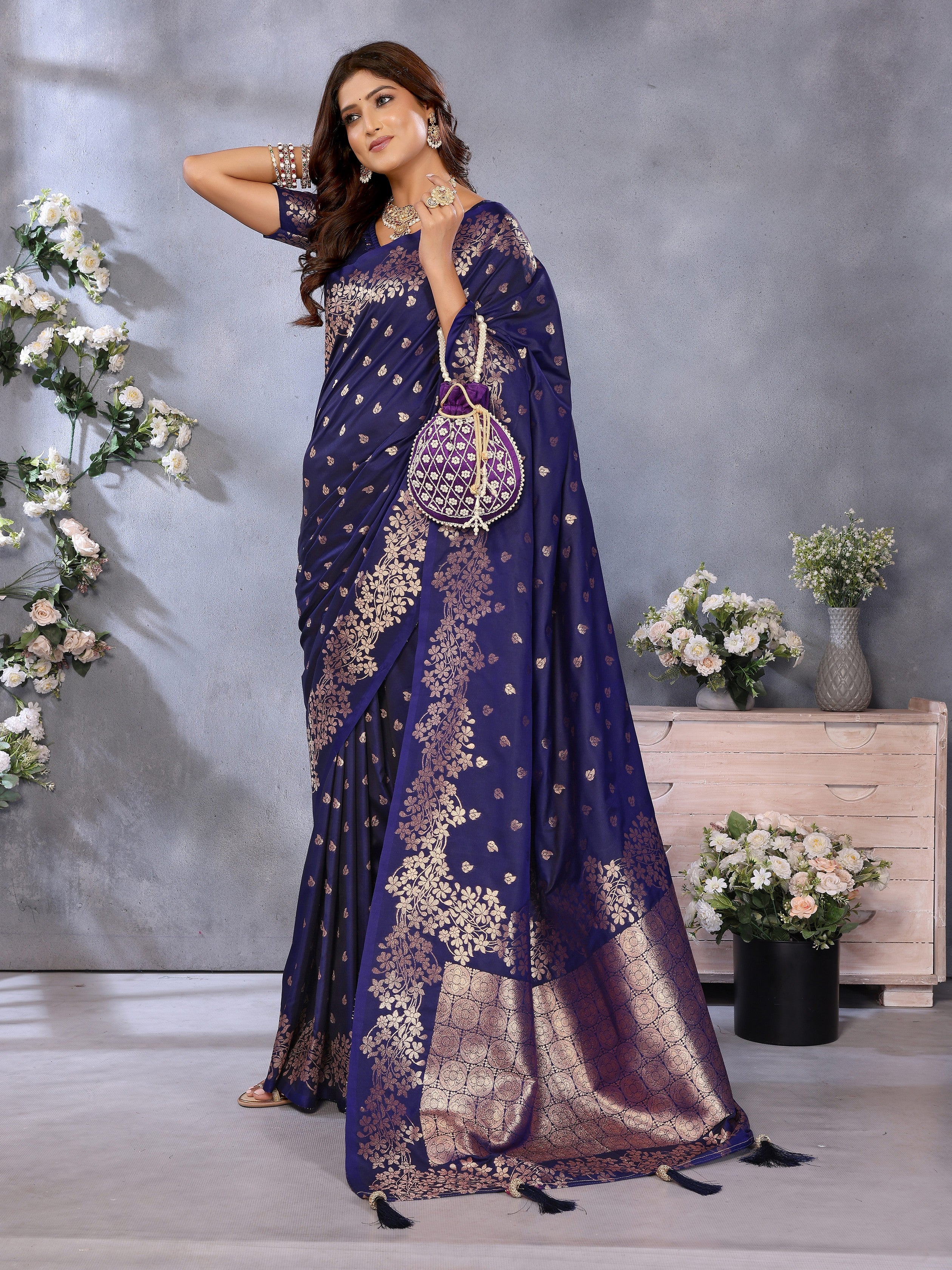 Blue Banarasi Silk Jacquard Weving Designer Floral Ceremonial Festive Saree