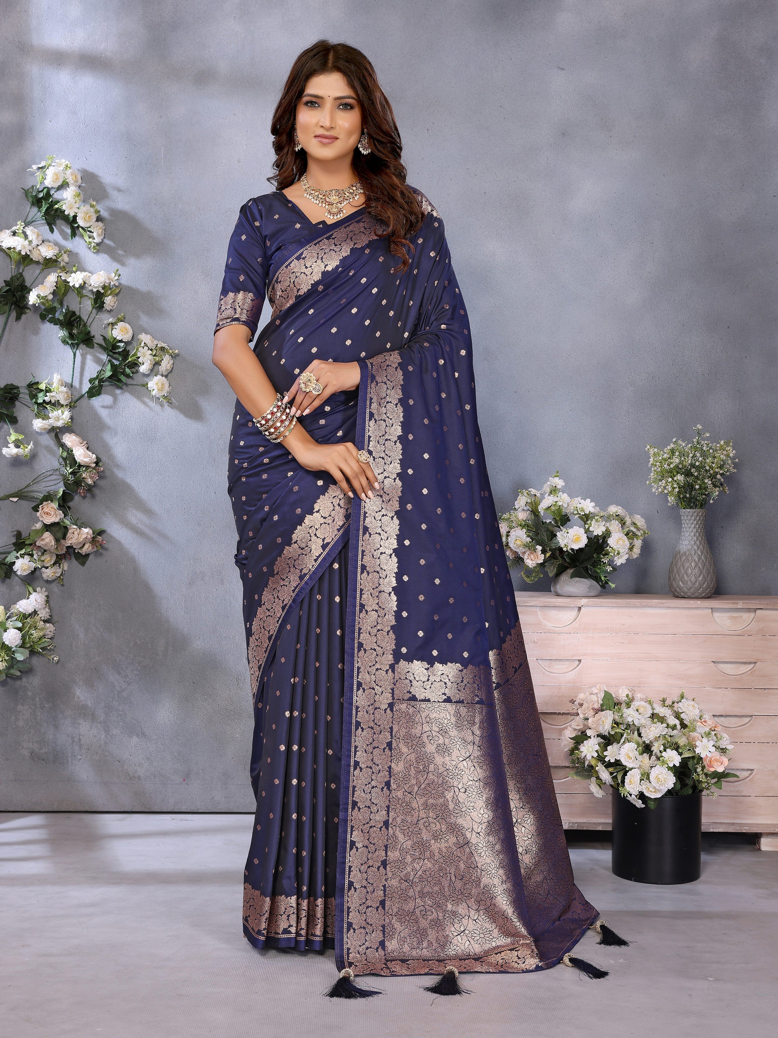 Blue Banarasi Silk Jacquard Weving Designer Trendy Partywear Saree