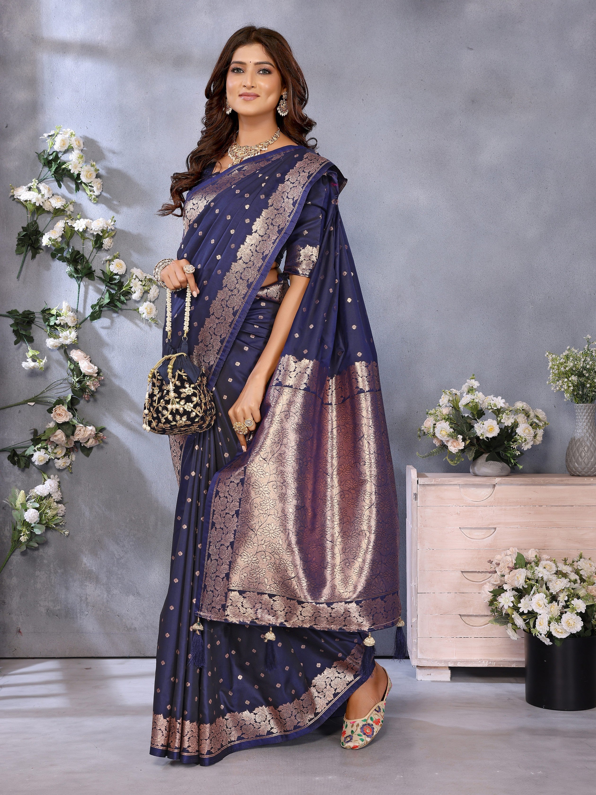 Blue Banarasi Silk Jacquard Weving Designer Trendy Partywear Saree