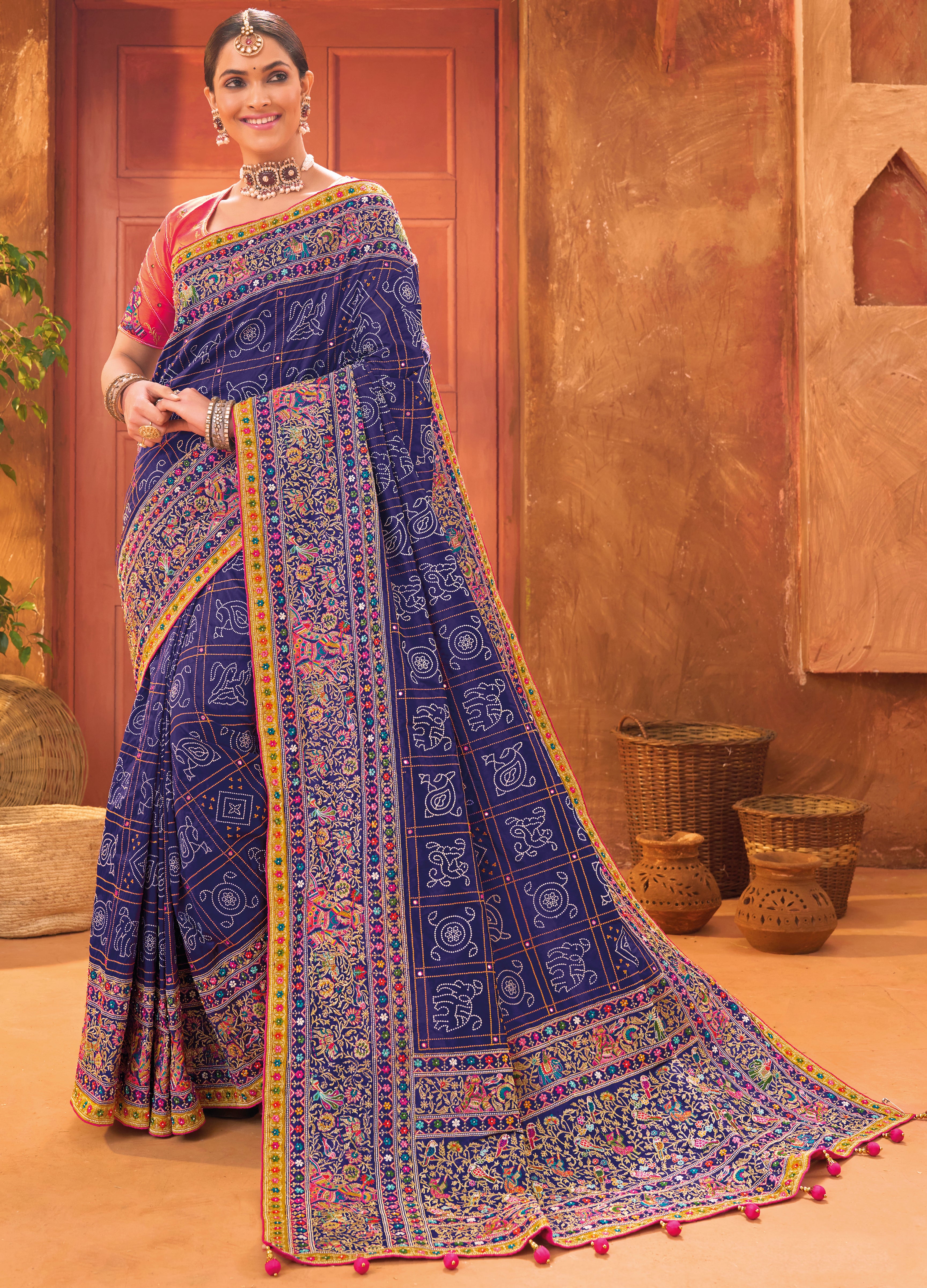Blue Banarasi Silk Saree With Pure kacchi, Diamond and Mirror Work