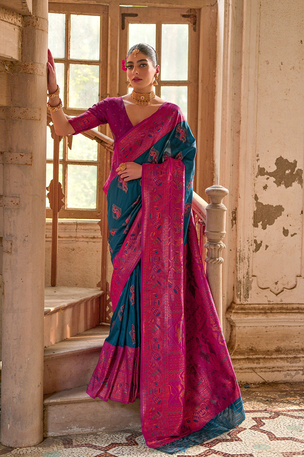 Blue Banarasi Silk Saree with Kalamkari Zari Design