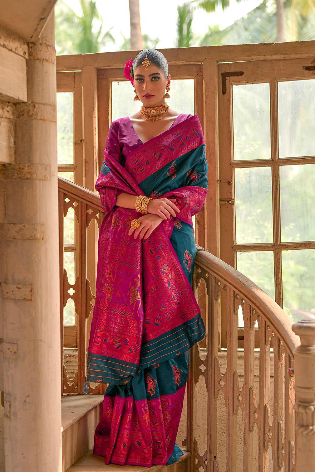 Blue Banarasi Silk Saree with Kalamkari Zari Design