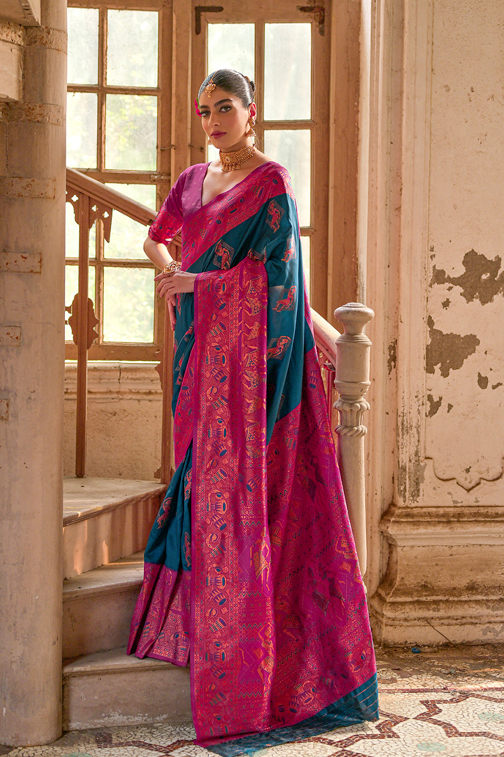Blue Banarasi Silk Saree with Kalamkari Zari Design