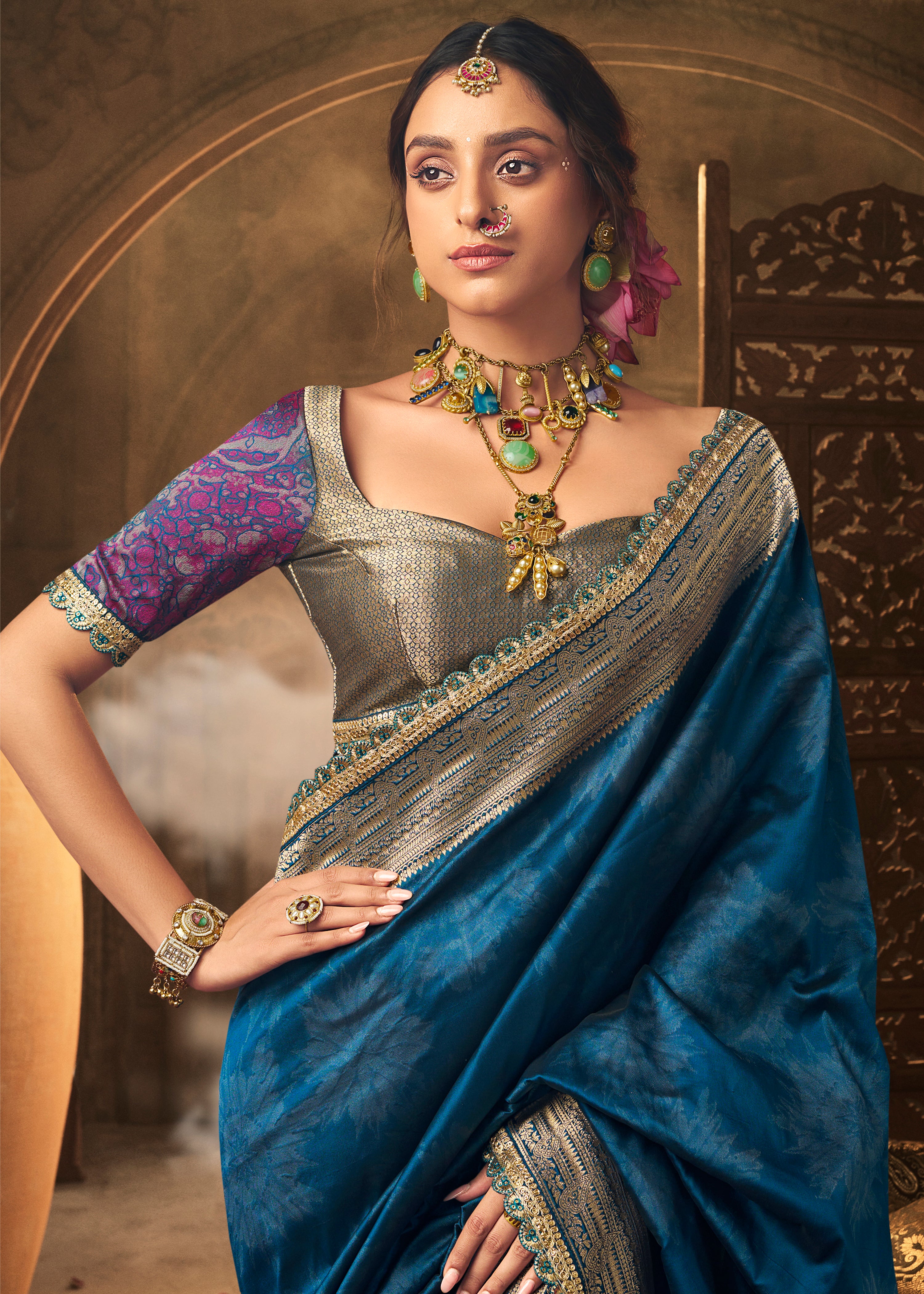Blue Banarasi Soft Silk Saree with Woven Lace Border