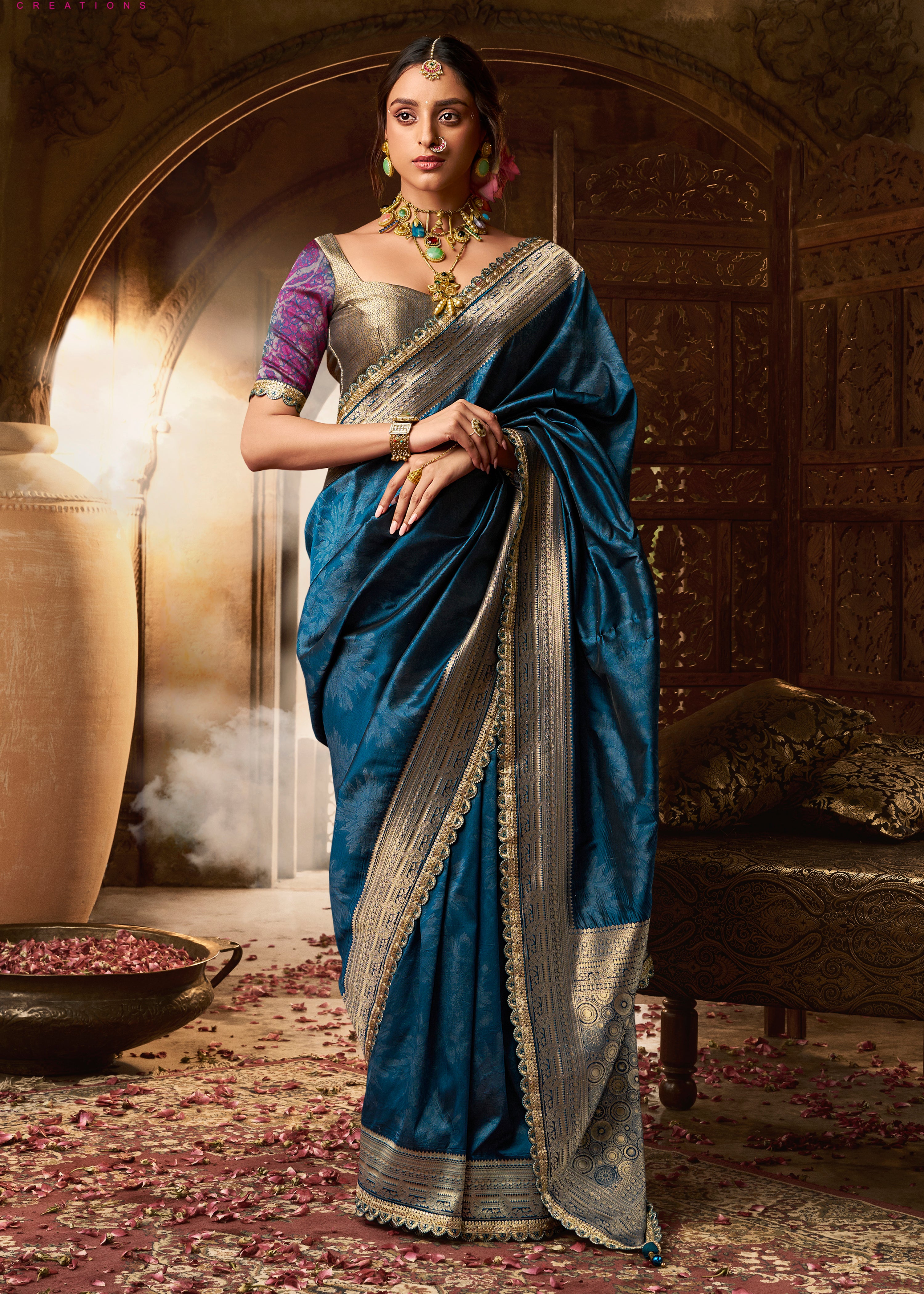 Blue Banarasi Soft Silk Saree with Woven Lace Border