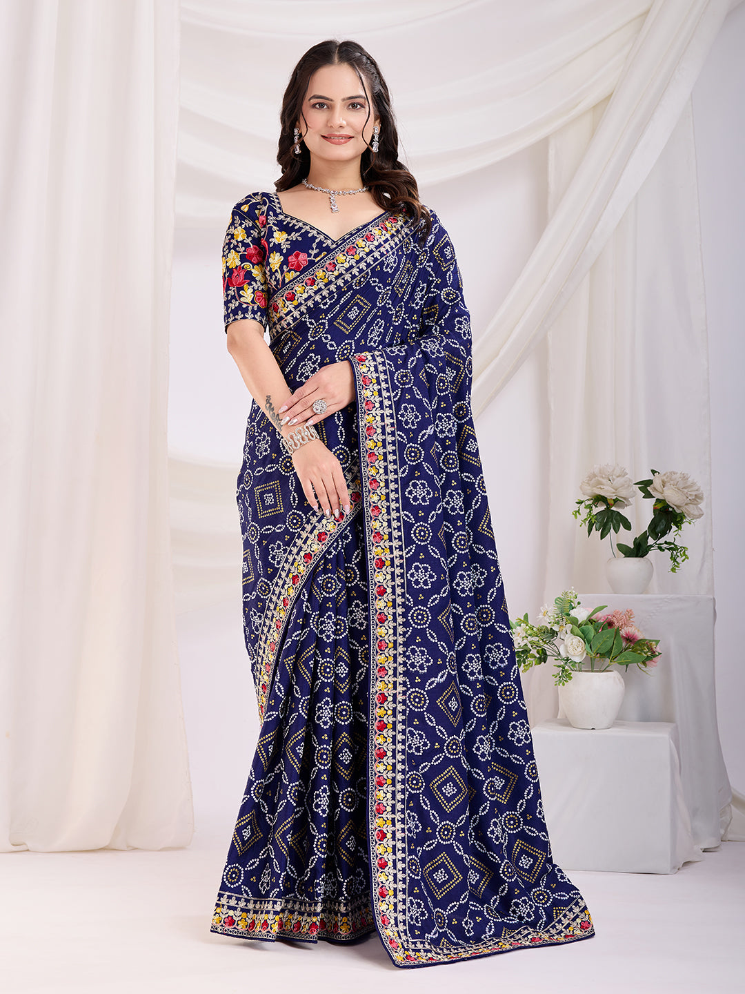 Blue Bandhani Printed With Embroidery Work Beautiful Ceremonial Saree