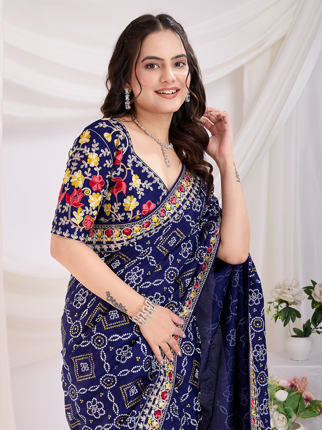Blue Bandhani Printed With Embroidery Work Beautiful Ceremonial Saree
