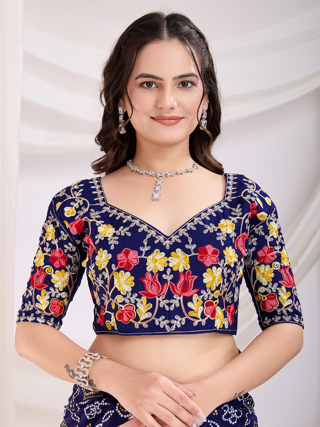 Blue Bandhani Printed With Embroidery Work Beautiful Ceremonial Saree