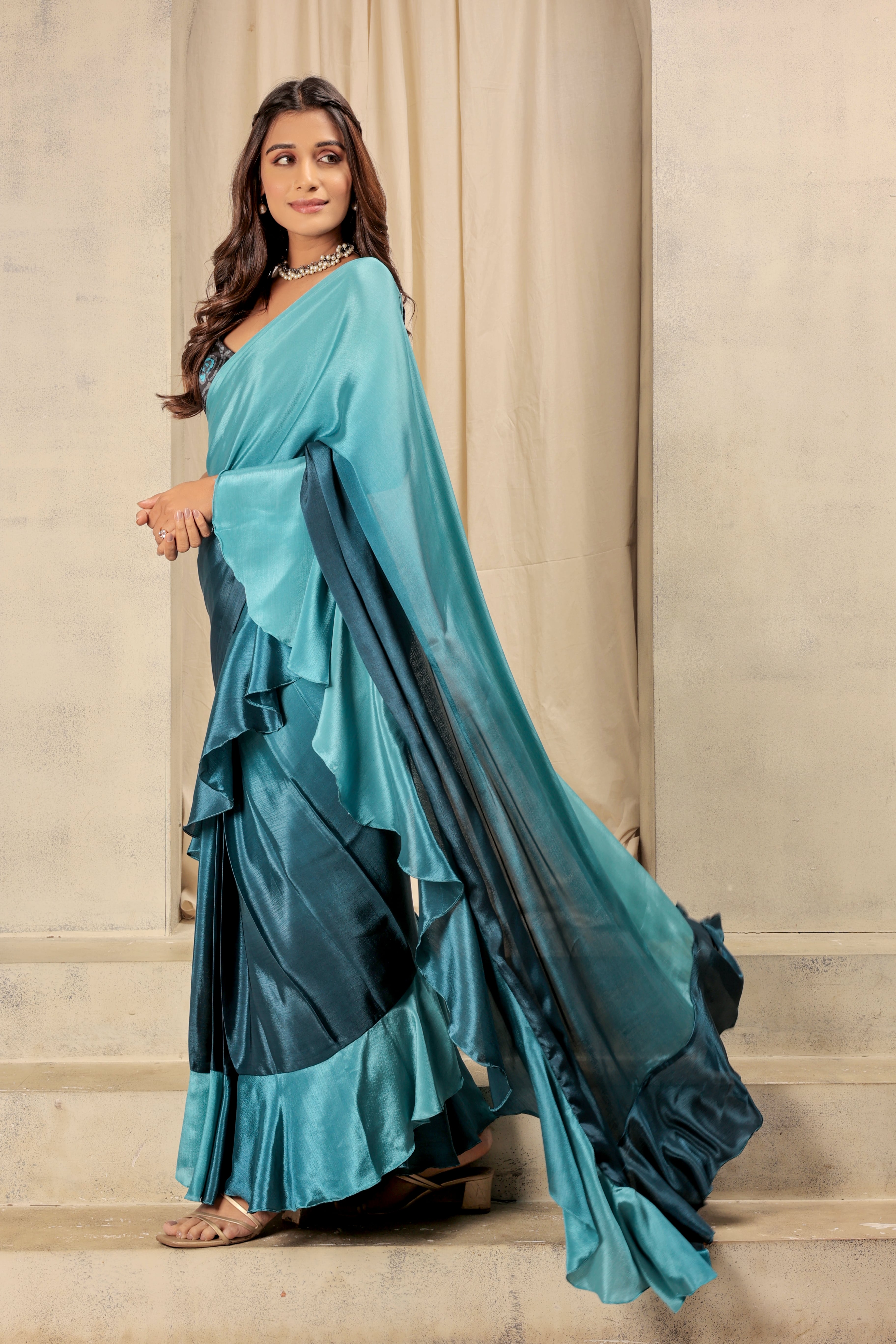 Blue Beautiful Bollywood Style Satin Partywear Saree