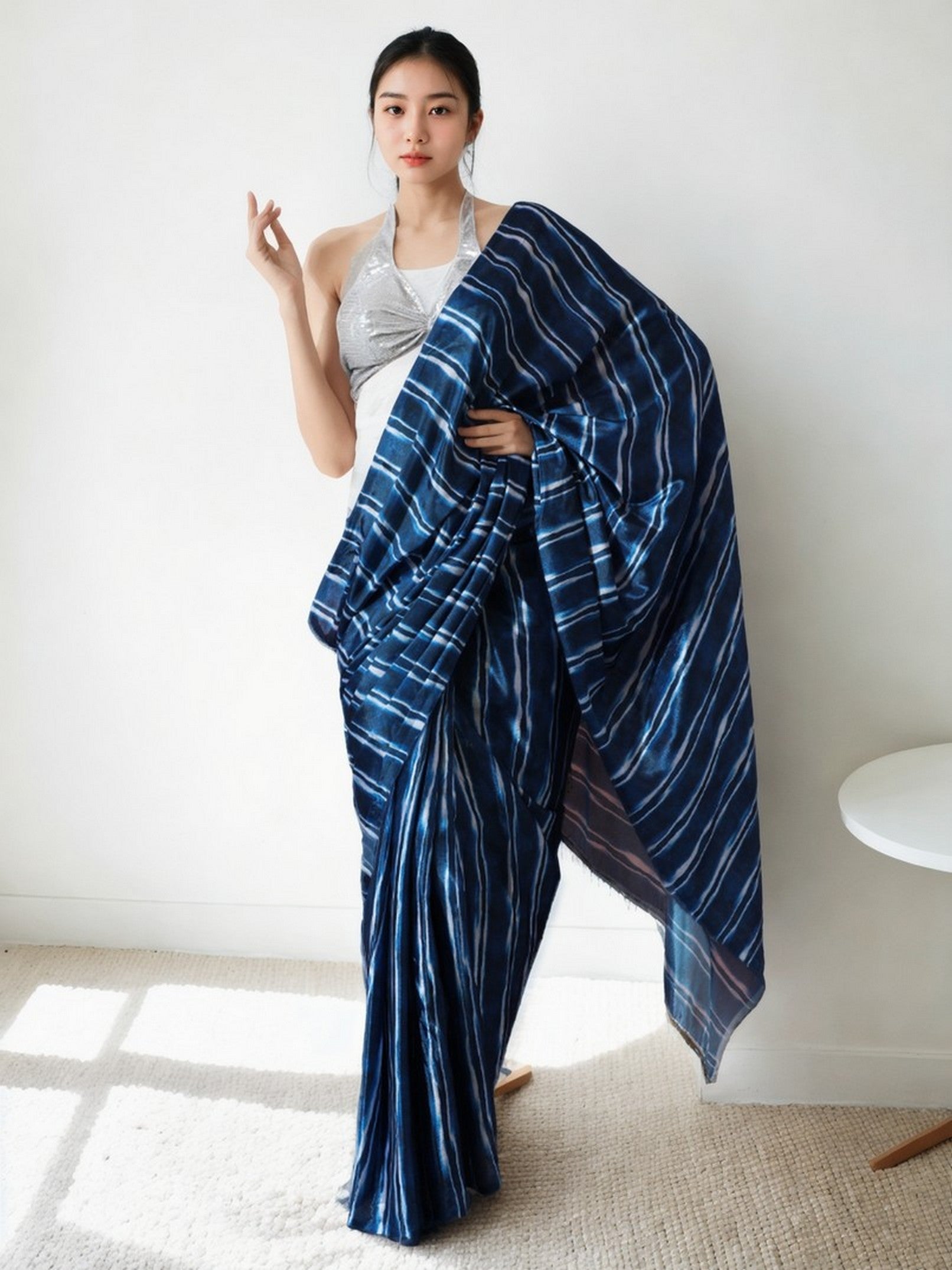 Blue Beautiful Chinon Designer Digital Printed Ready To Wear Ceremonial Saree