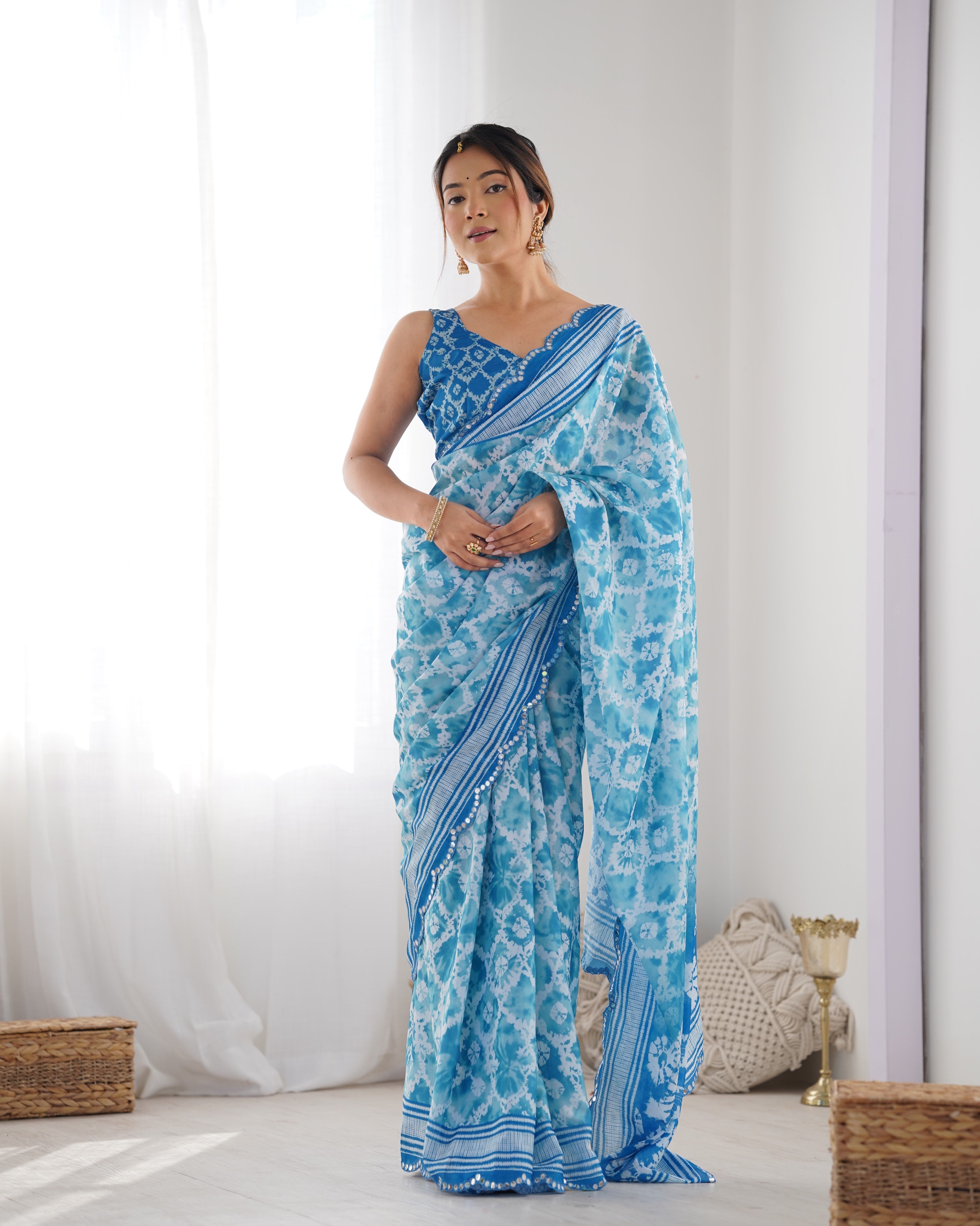 Blue Beautiful Chinon Fabric Digital Printed Saree With Mirror Cut Work