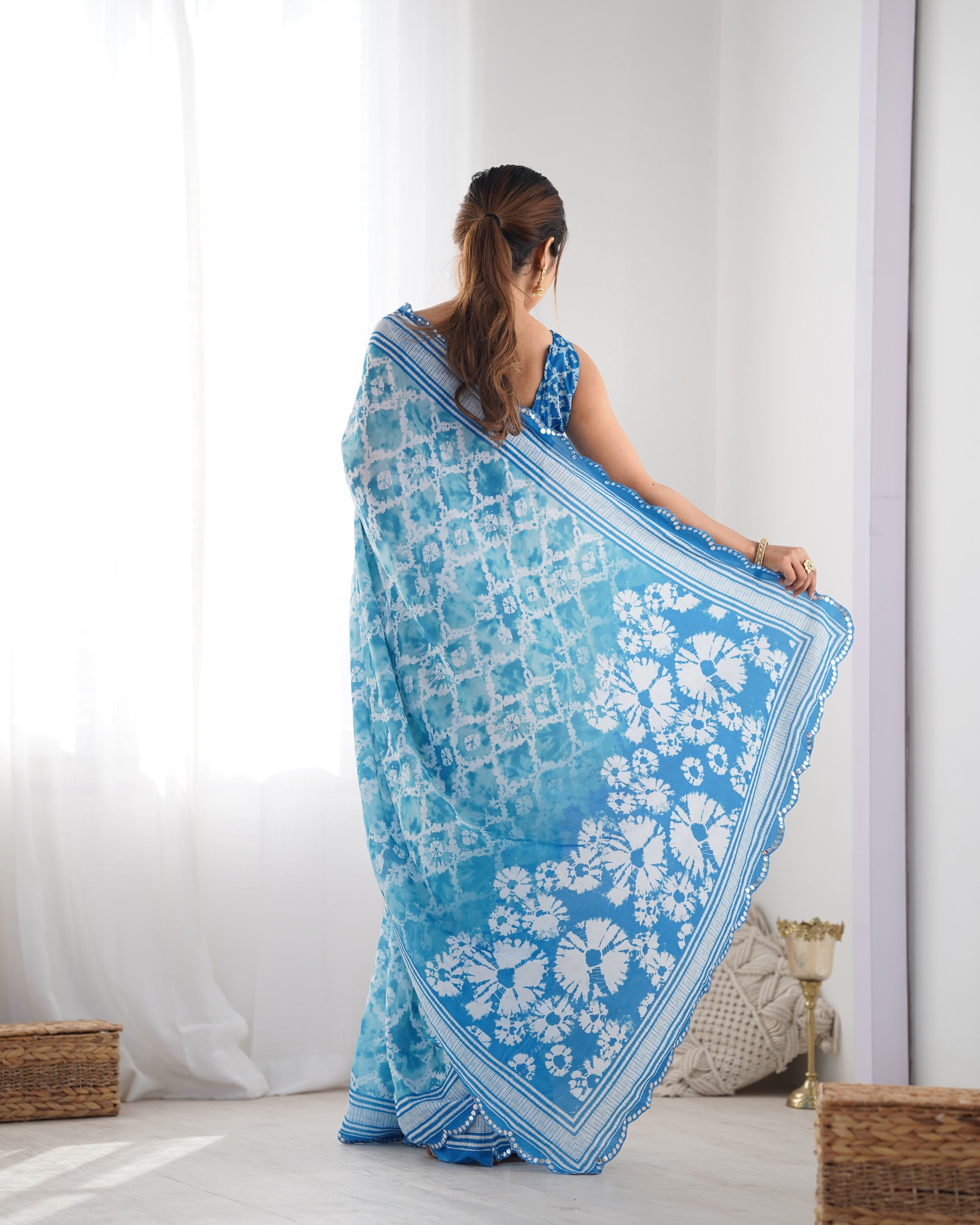 Blue Beautiful Chinon Fabric Digital Printed Saree With Mirror Cut Work