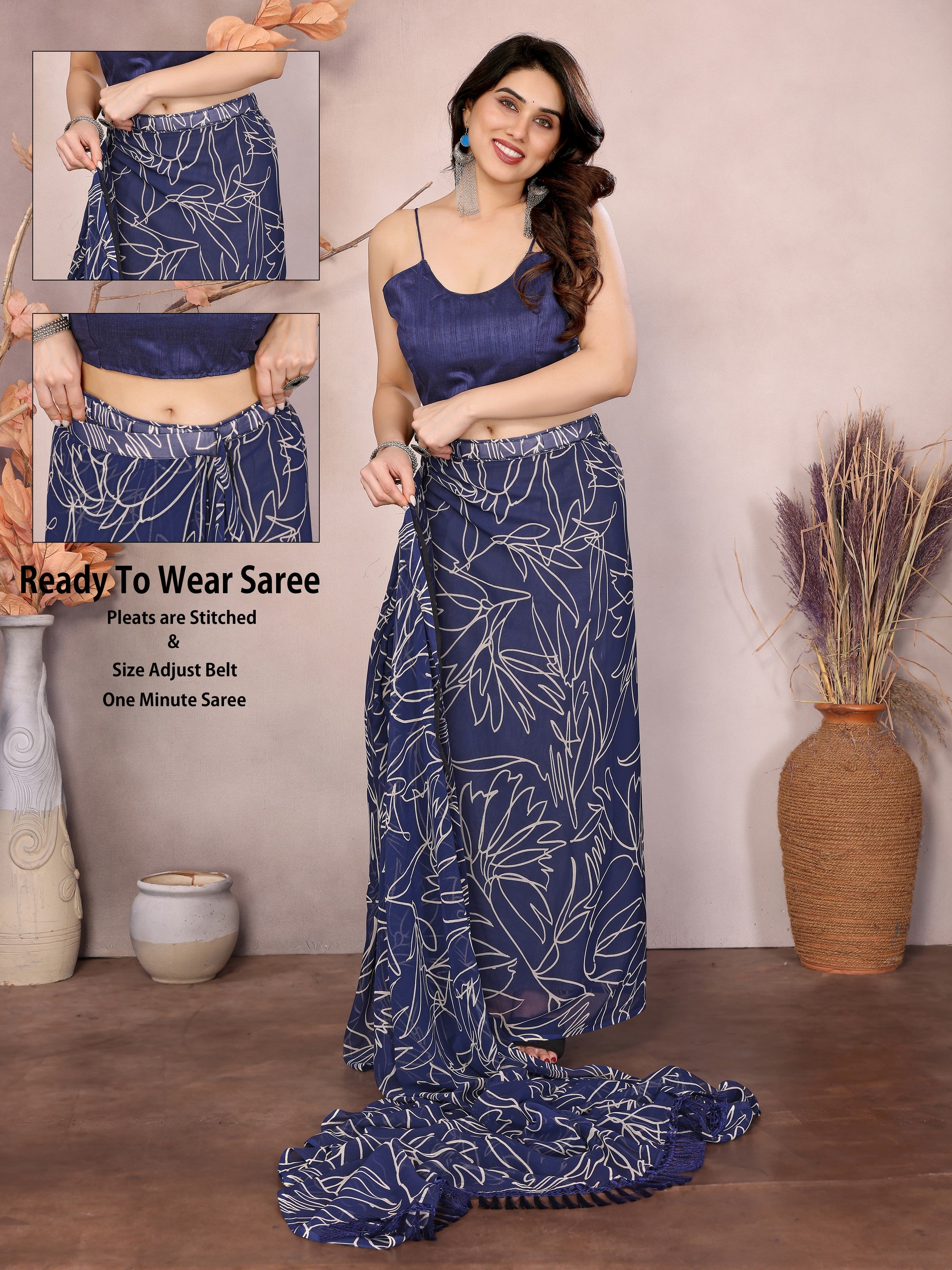 Blue Beautiful Designer Printed Ready To Wear Saree For Fancy Looks