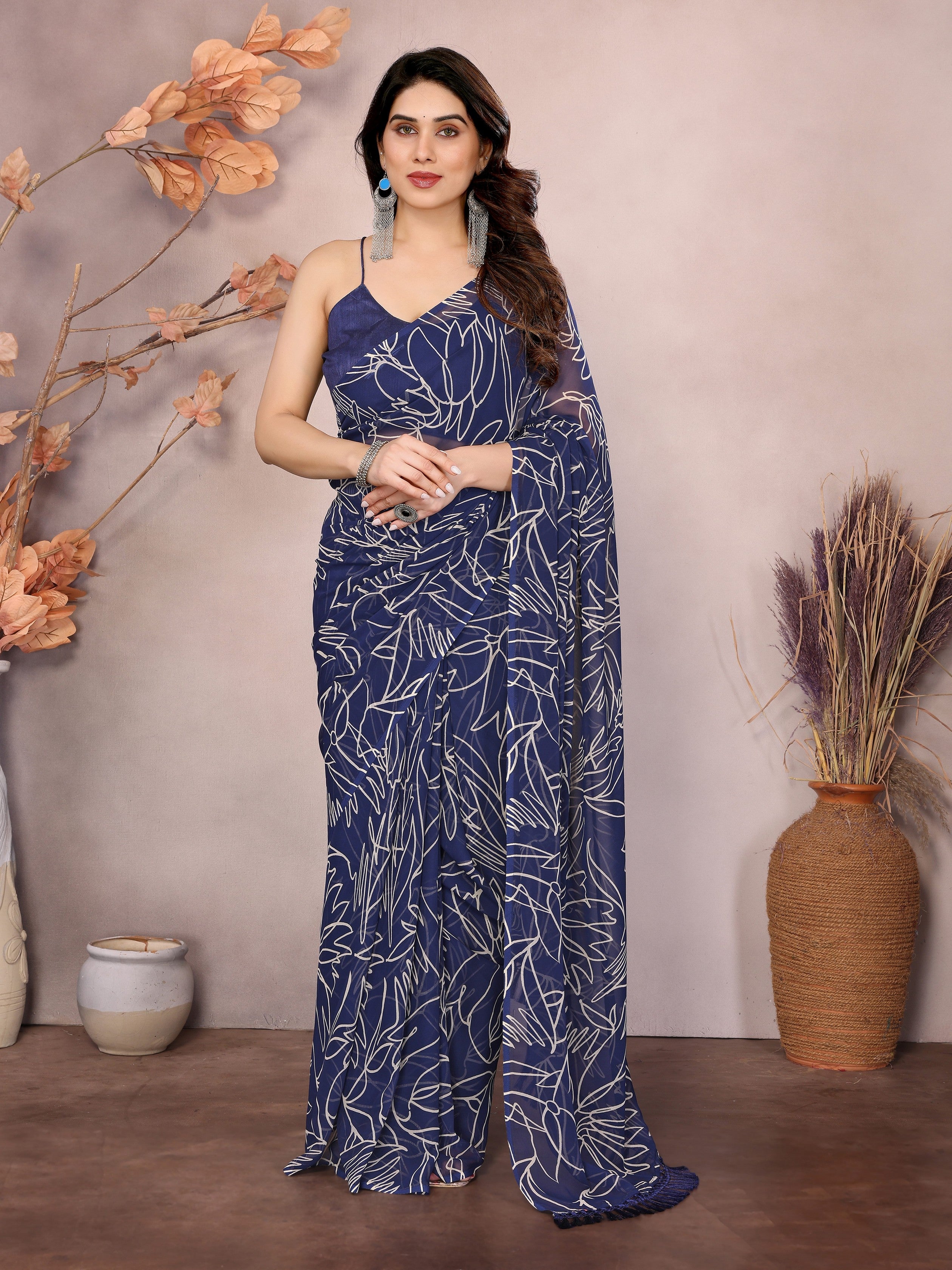 Blue Beautiful Designer Printed Ready To Wear Saree For Fancy Looks
