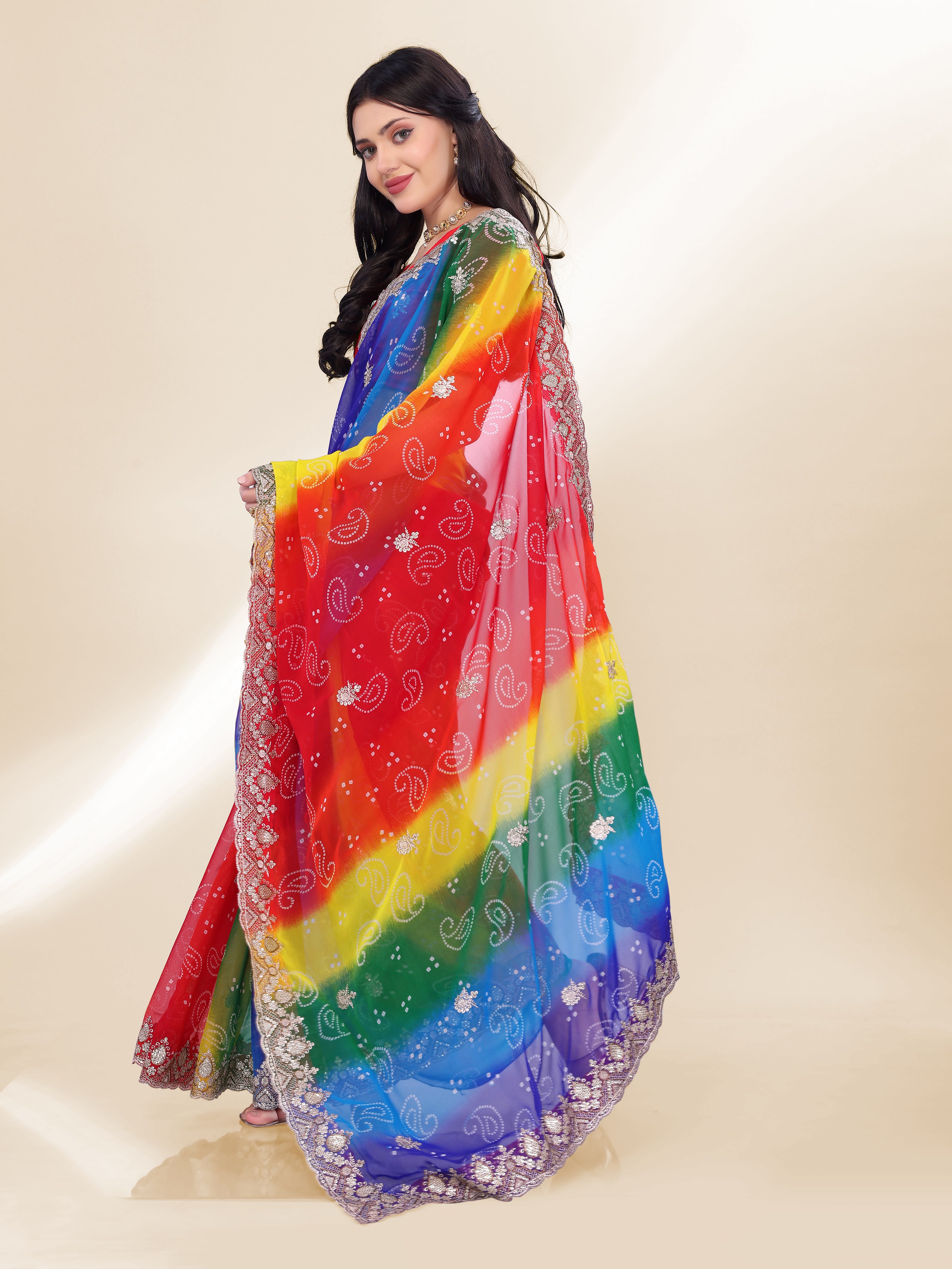 Blue Beautiful Georgette Bandhej Printed Festive Saree