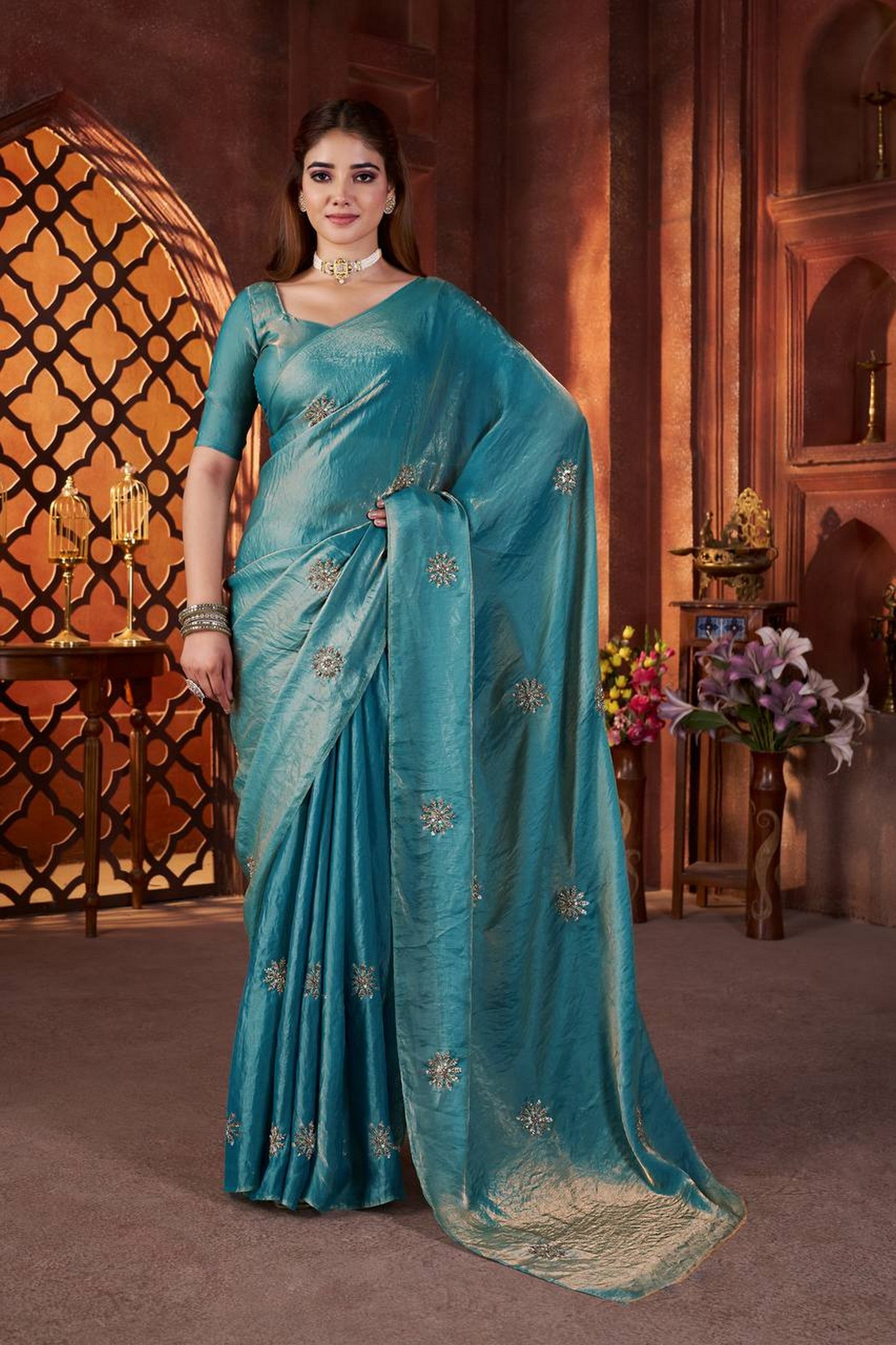 Blue Beautiful Heavy Work Ceremonial Fandy Satin Silk Saree