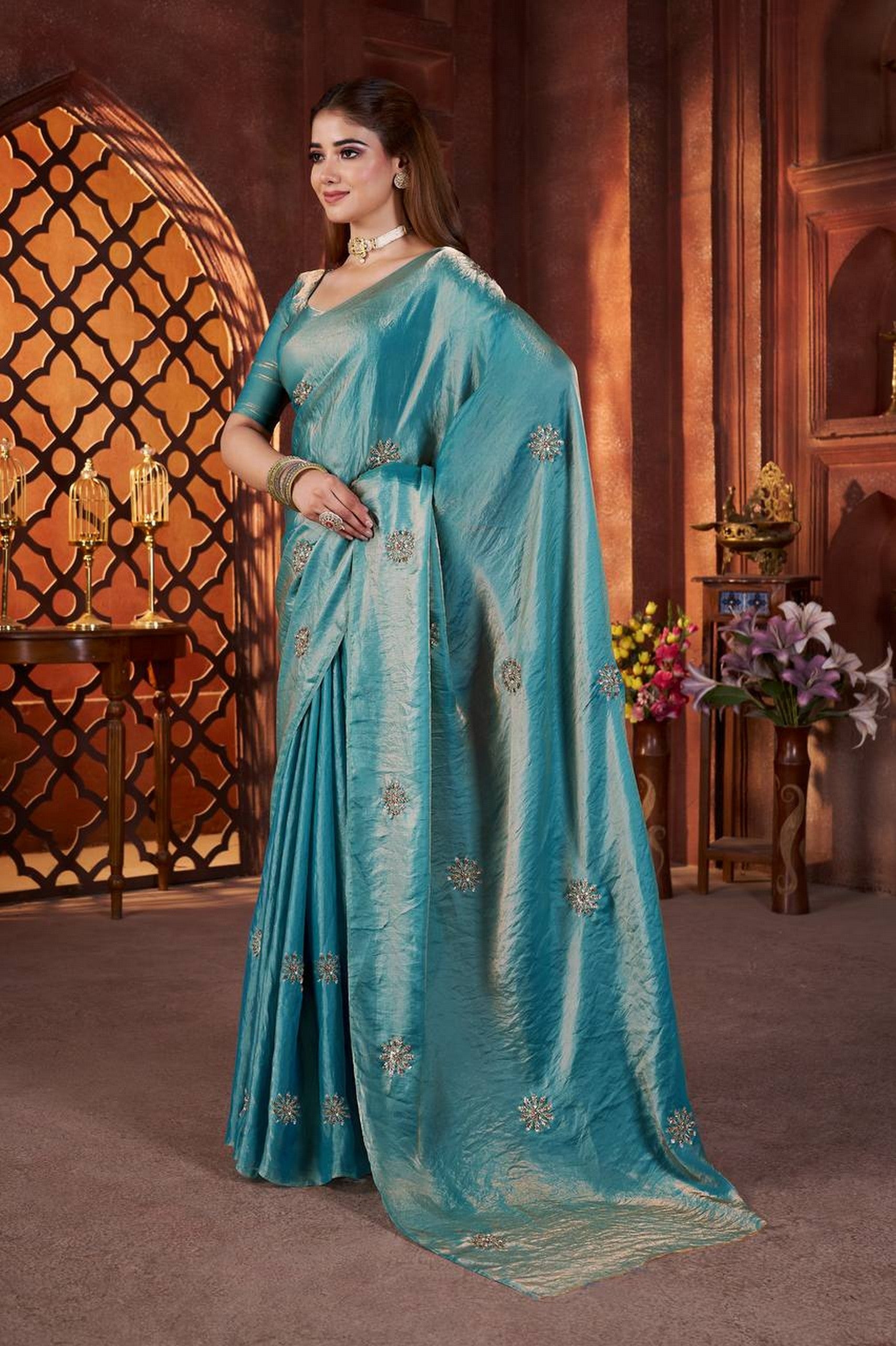 Blue Beautiful Heavy Work Ceremonial Fandy Satin Silk Saree