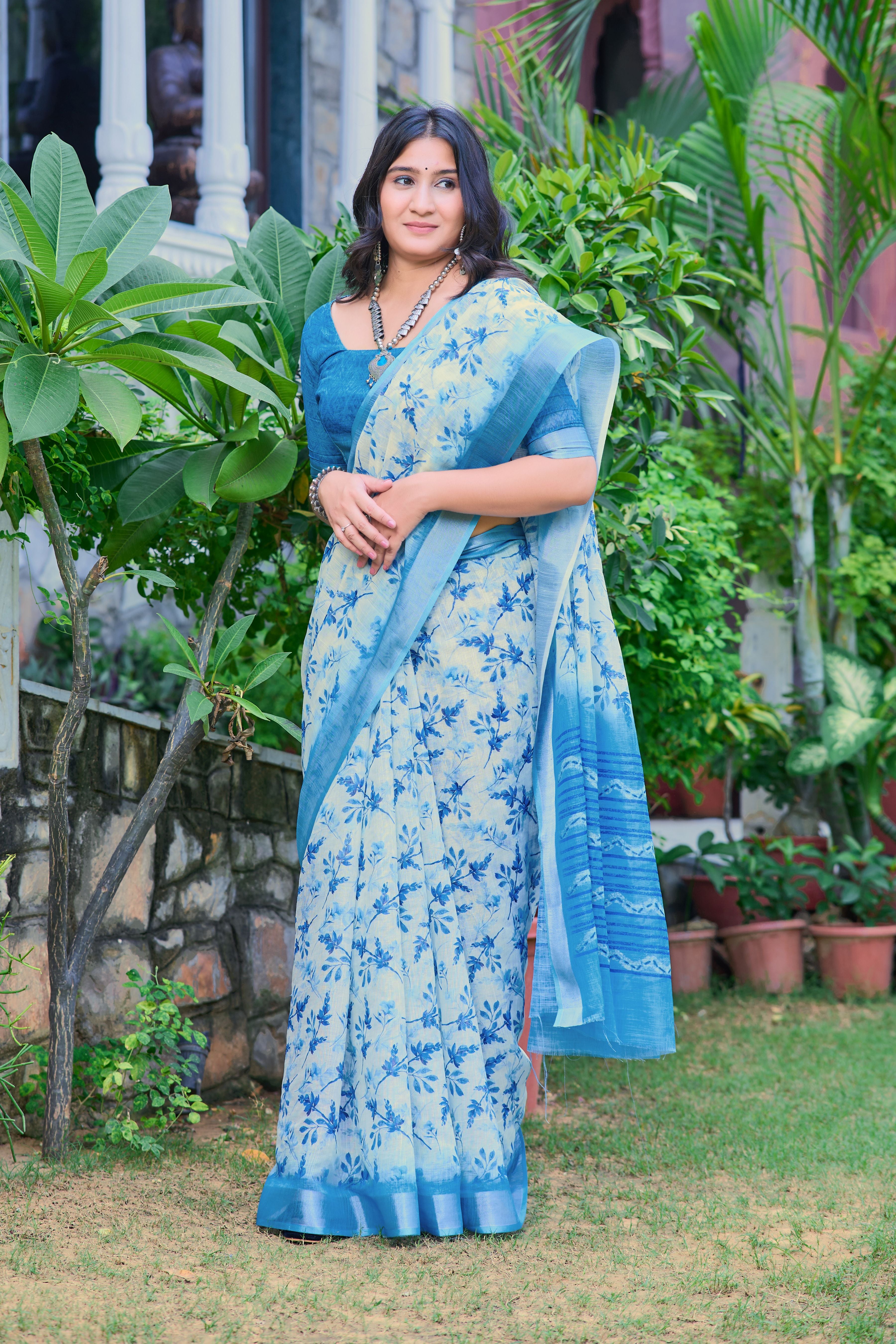 Blue Beautiful Linen Cotton Designer Festive Wear Saree
