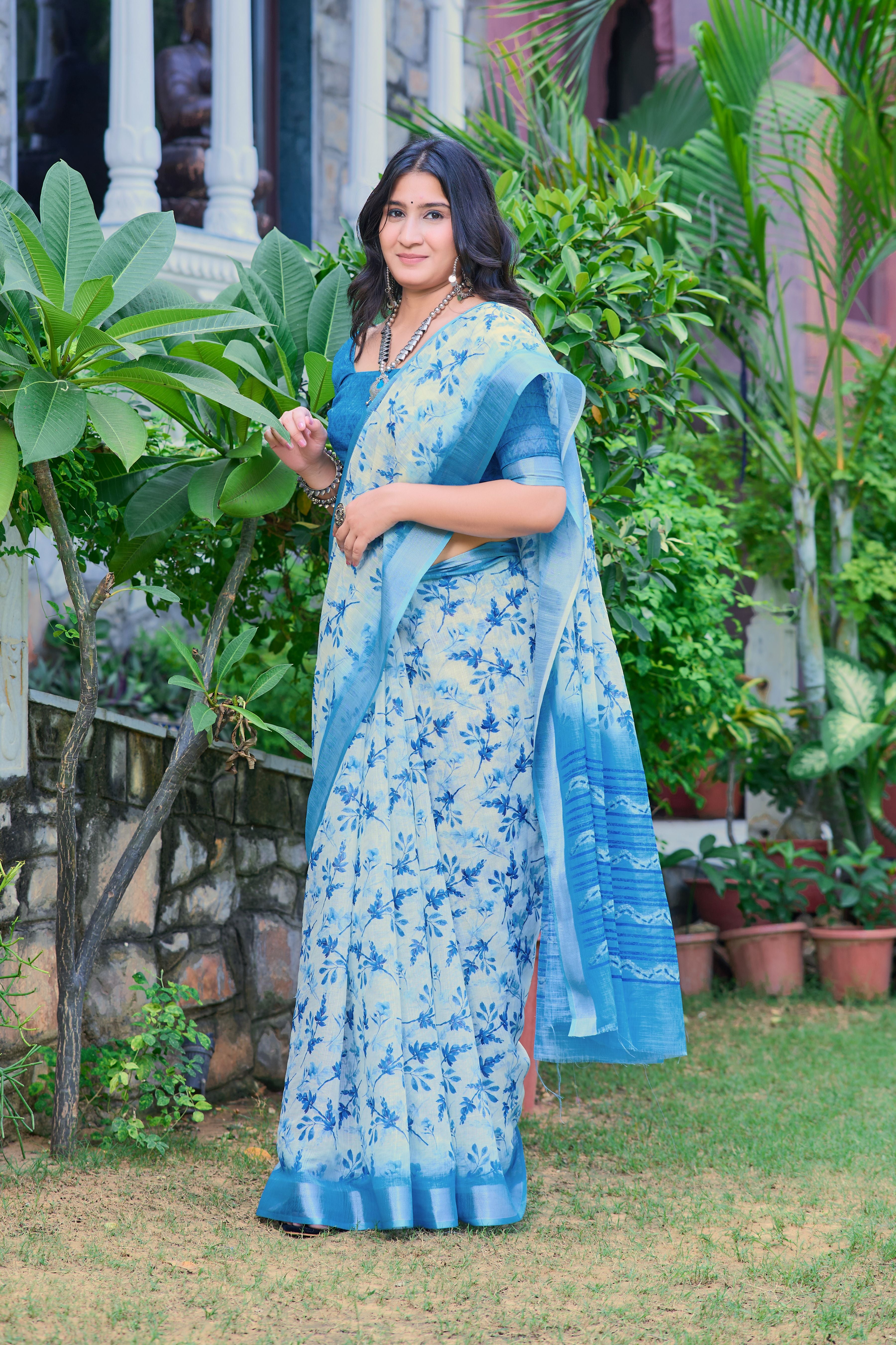 Blue Beautiful Linen Cotton Designer Festive Wear Saree