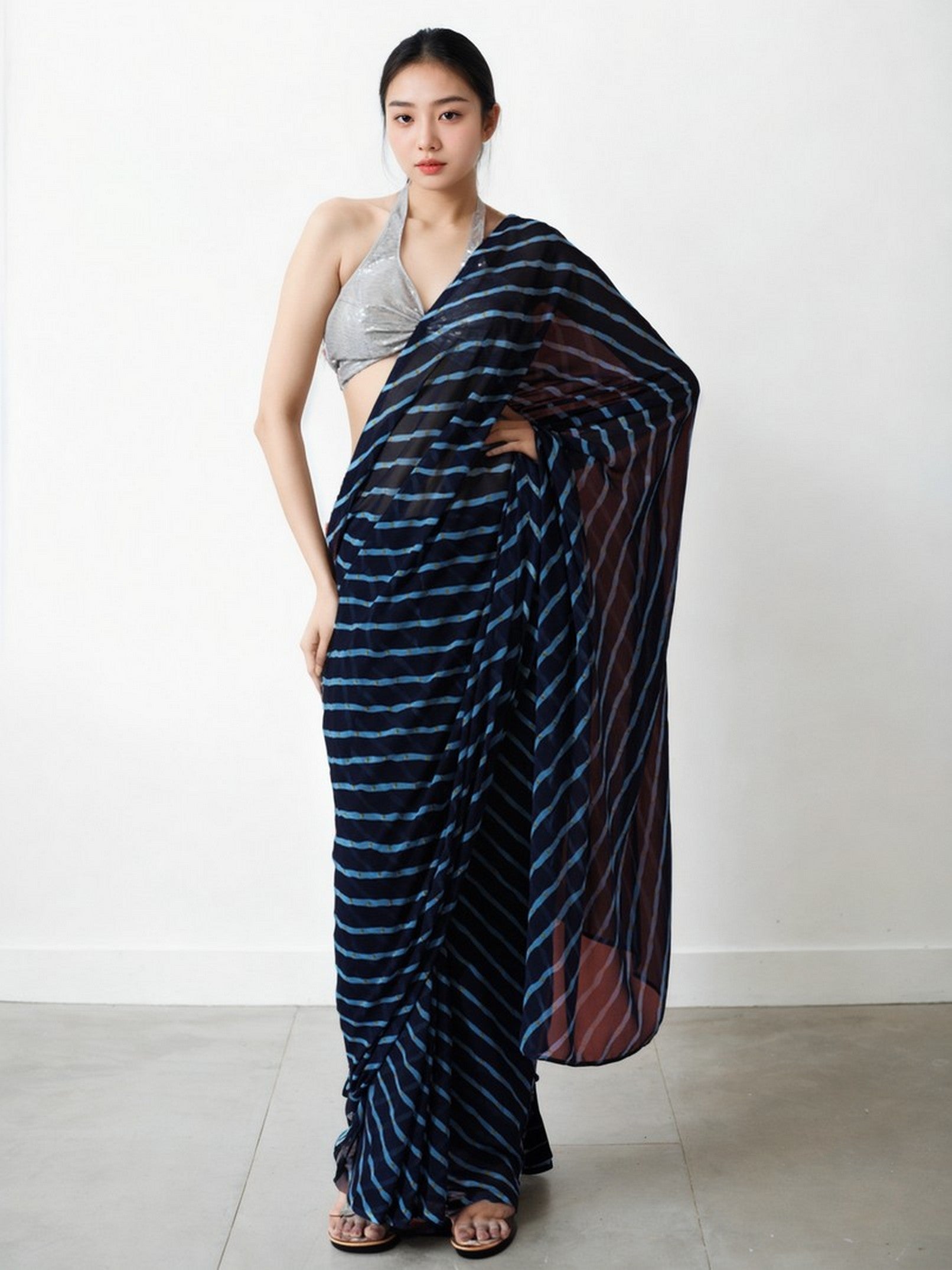 Blue Beautiful Marbel Chiffon Designer Printed Ready To Wear Ceremonial Saree