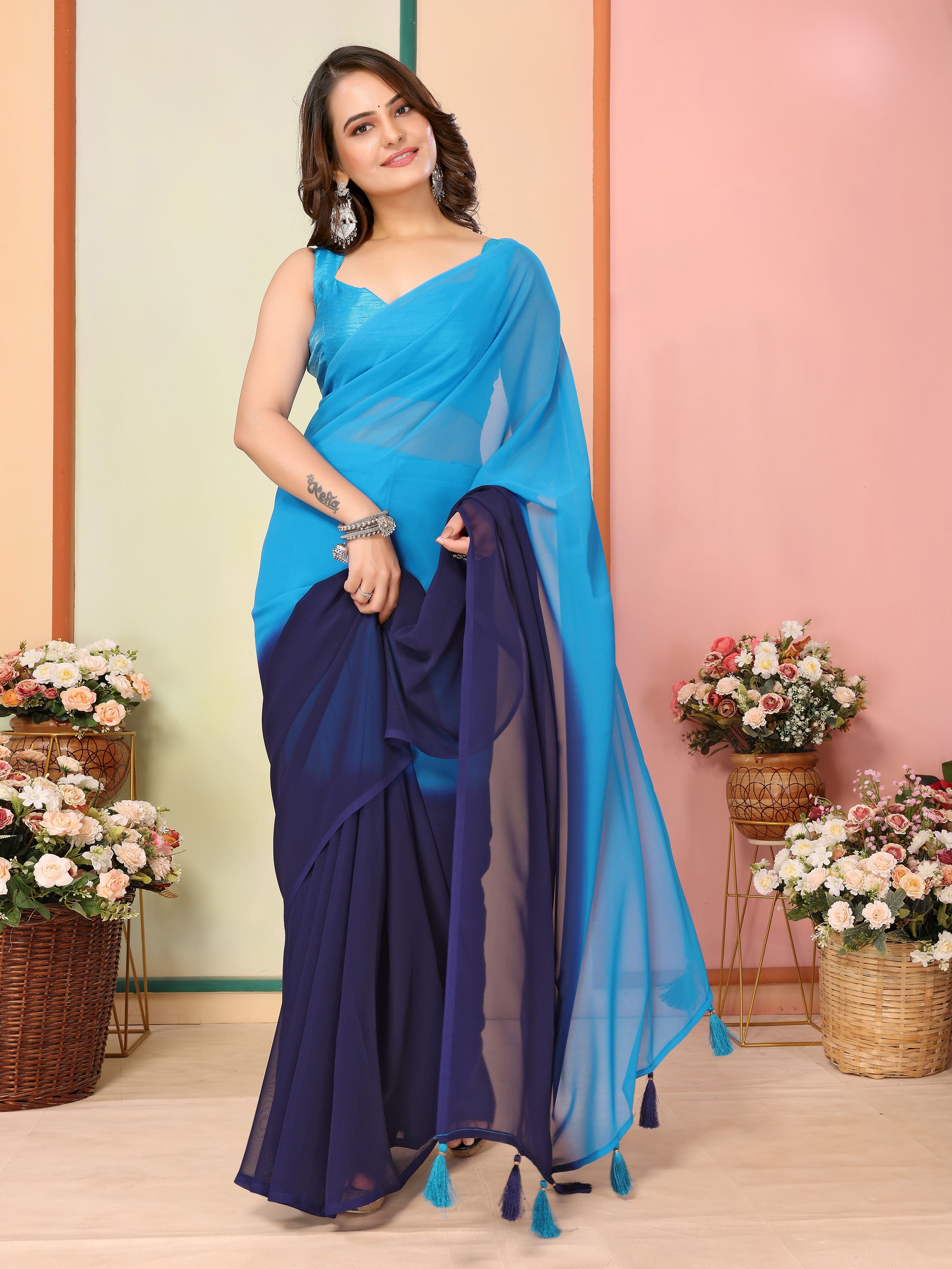 Blue Beautiful Pedding Printed Georgette Ready To Wear Saree