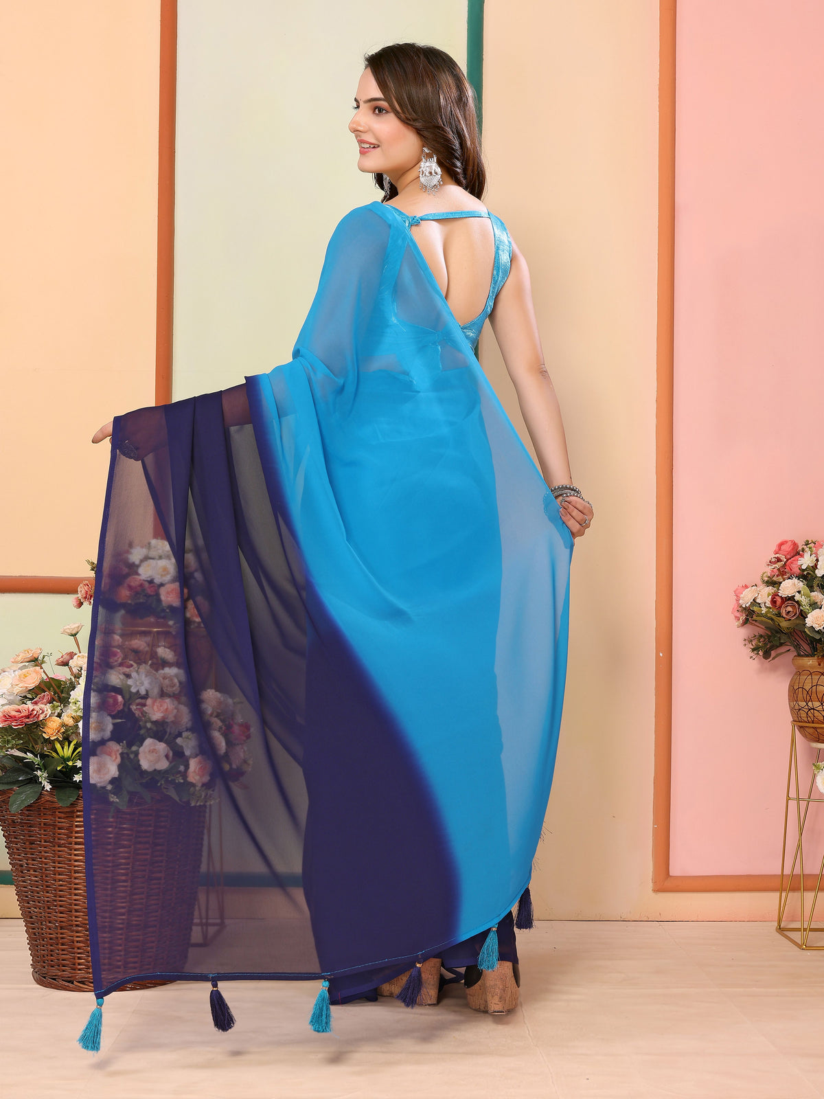 Blue Beautiful Pedding Printed Georgette Ready To Wear Saree