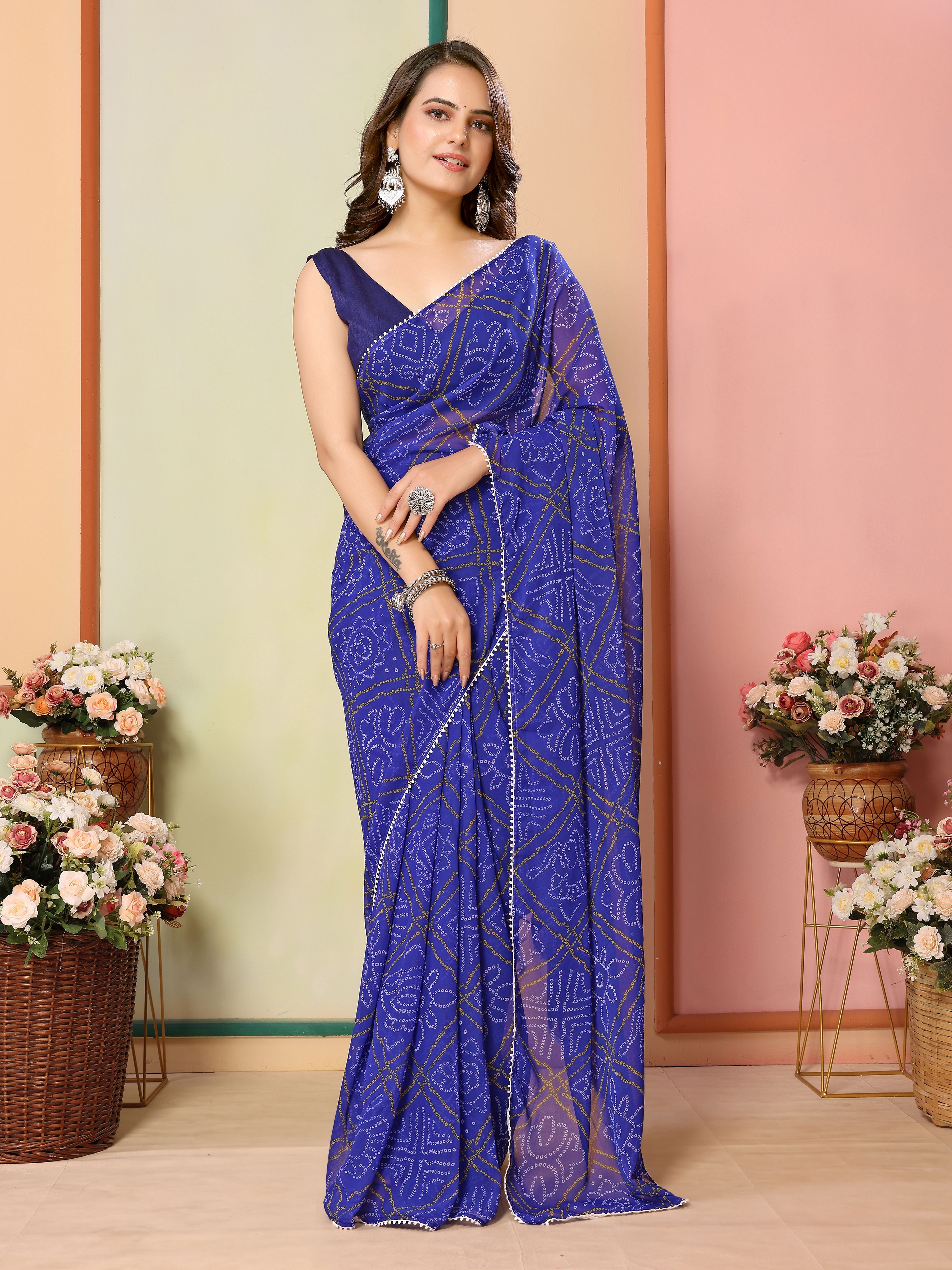 Blue Beautiful Pinted Ready To Wear Ethnic Partywear Saree