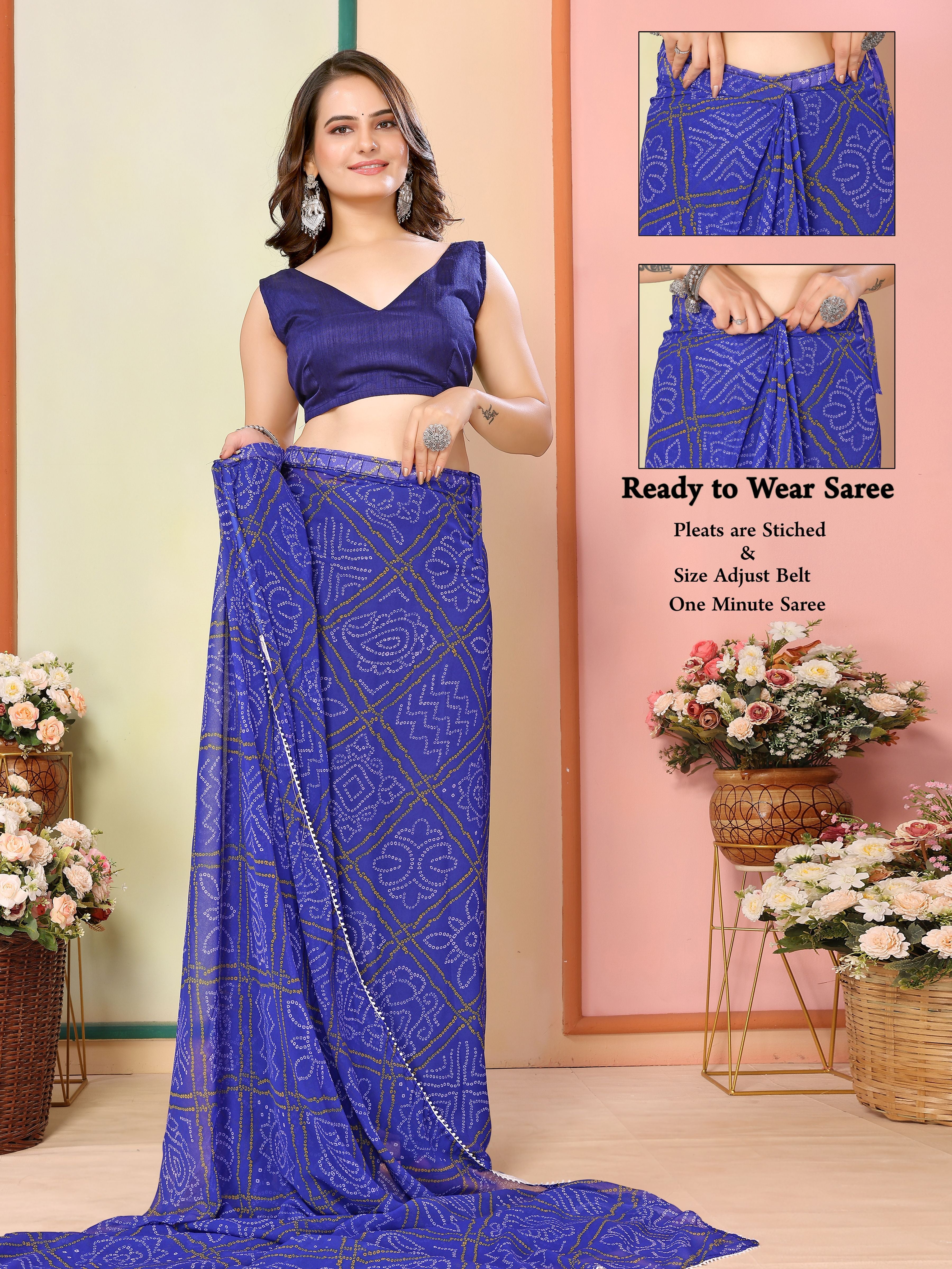 Blue Beautiful Pinted Ready To Wear Ethnic Partywear Saree