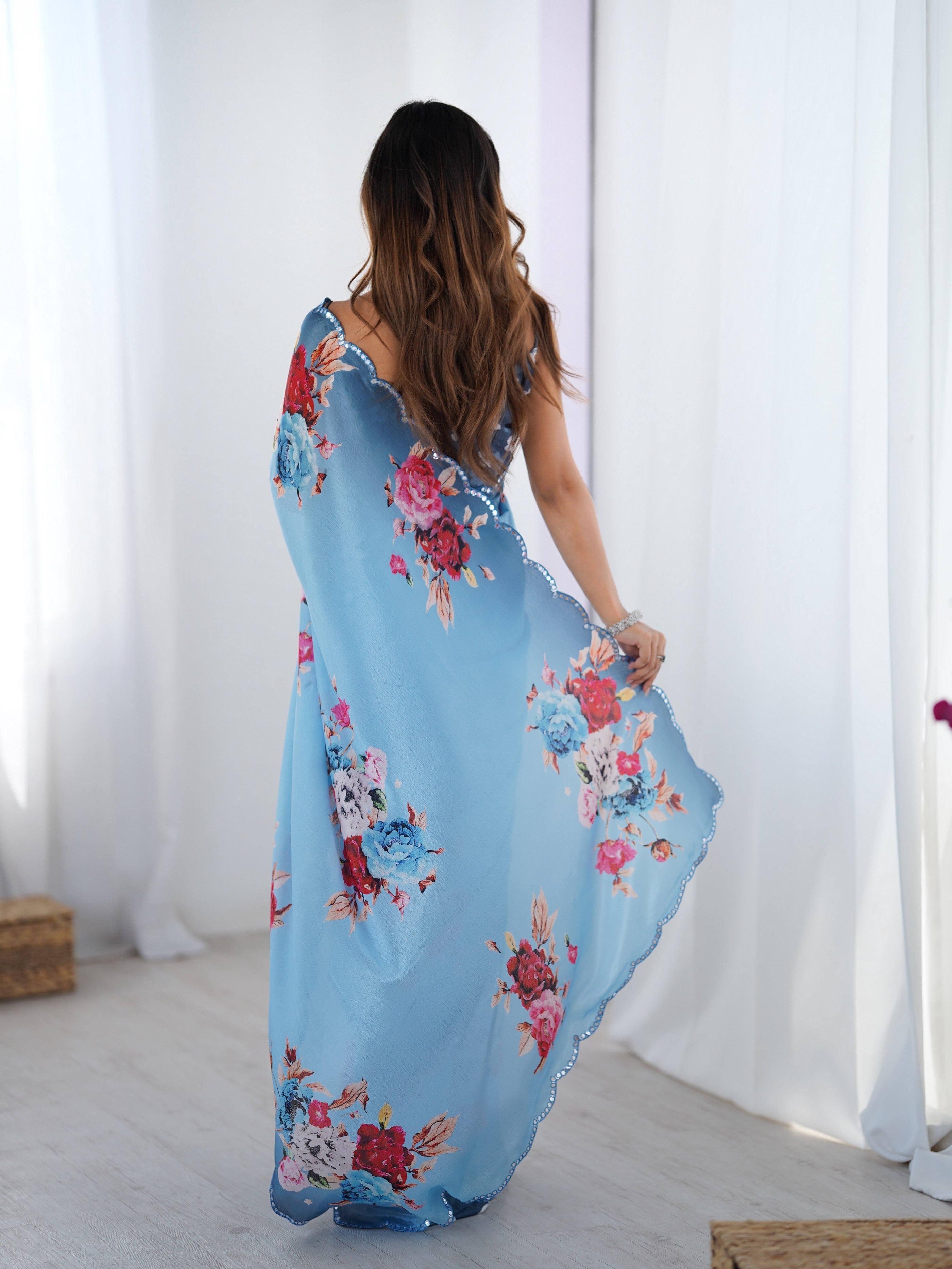 Blue Beautiful Printed Chinon Saree With Stylish Border For Girlie Looks