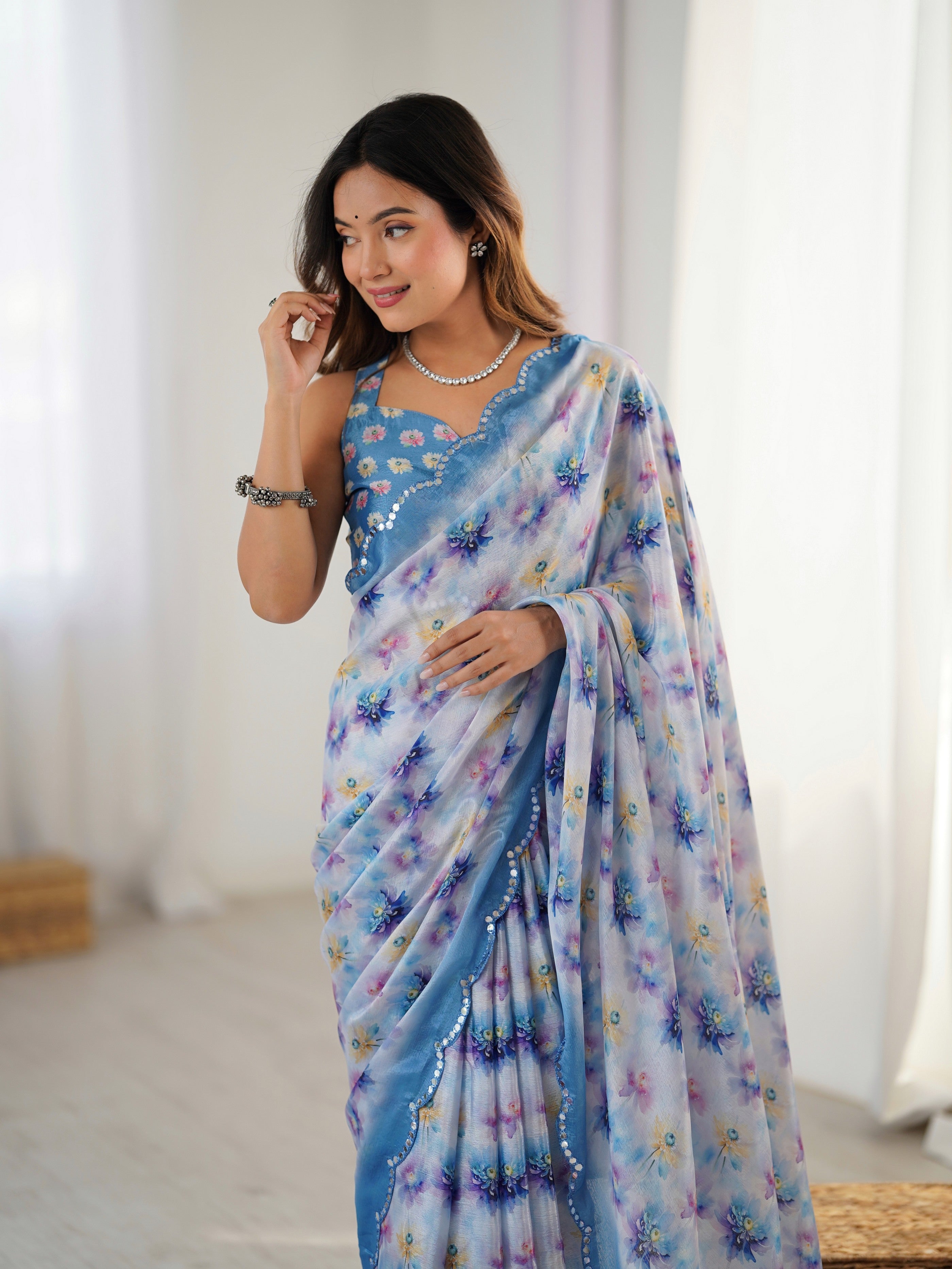 Blue Beautiful Printed Chinon Saree With Stylish Border For Girlie Looks